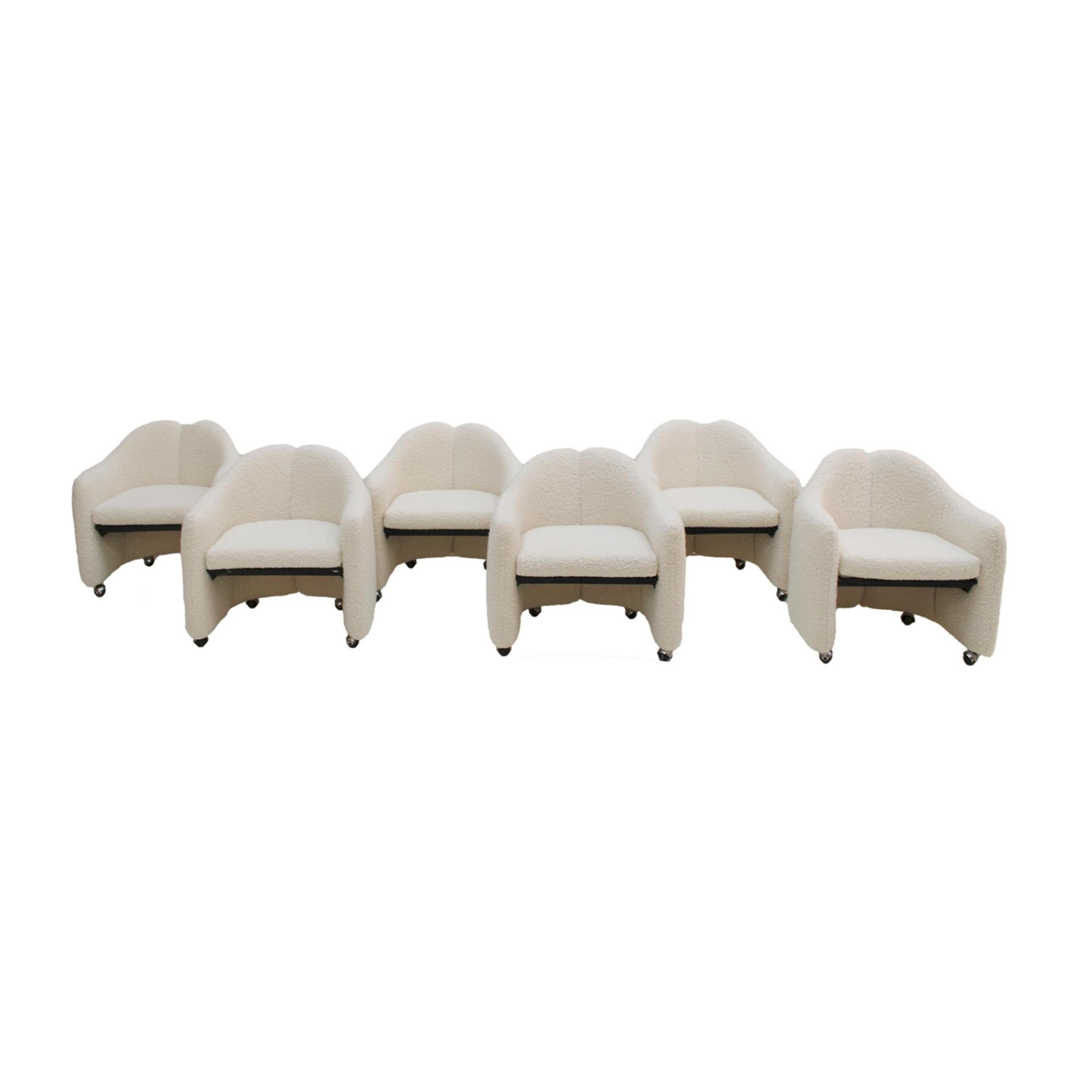 Set of six PS 142 chairs designed by Eugenio Gerli and produced by Tecno. Structure made of solid metal and upholstered with white bouclé wool. Italy 1960s. Tecno Milano label.

Our main target is customer satisfaction, so we include in the price