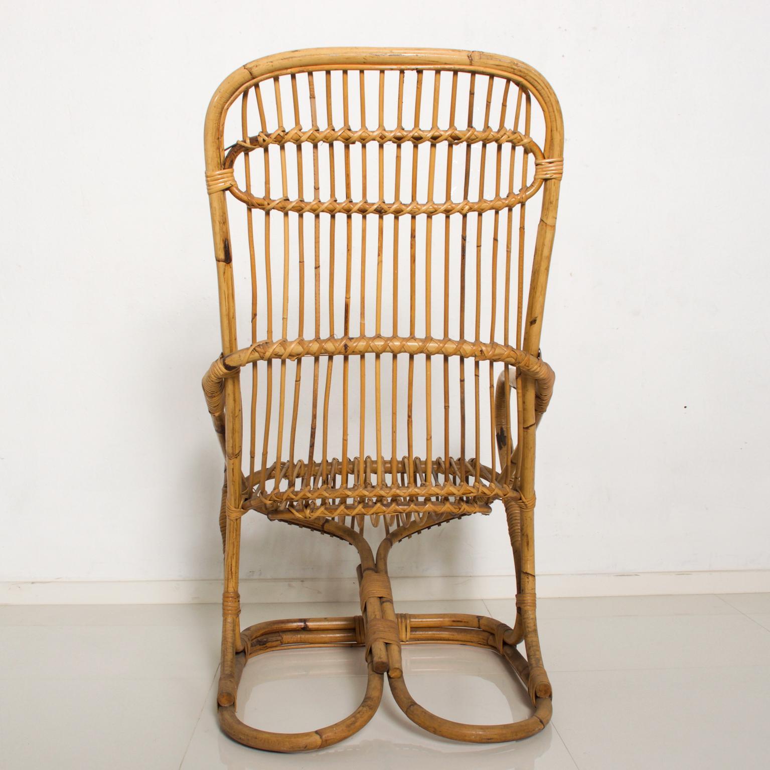 Mid-Century Modern Italian Patio Golden Woven Rattan & Bamboo Comfy Lounge Chair Modern Italy 1950s