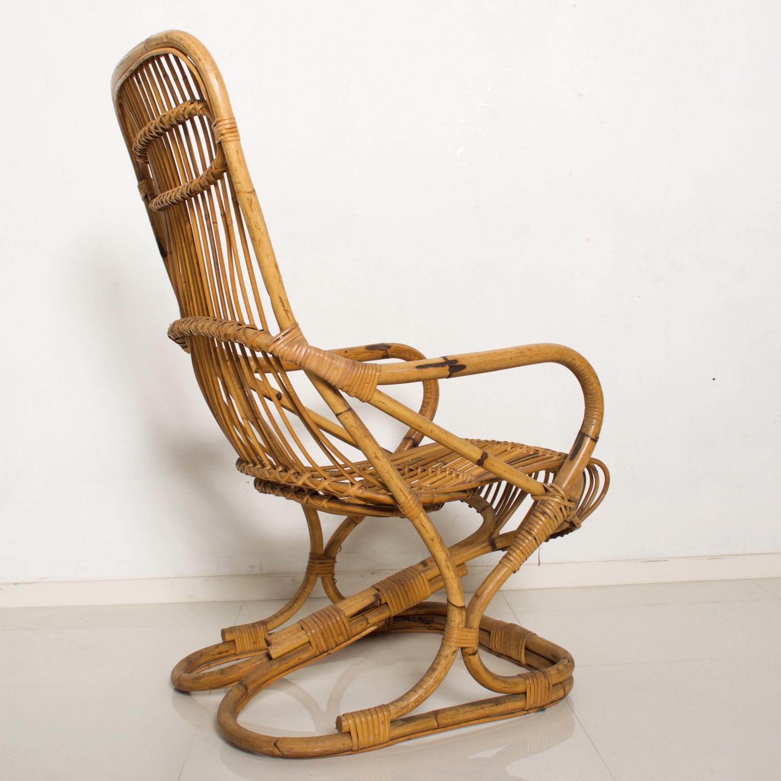 Mid-20th Century Italian Patio Golden Woven Rattan & Bamboo Comfy Lounge Chair Modern Italy 1950s