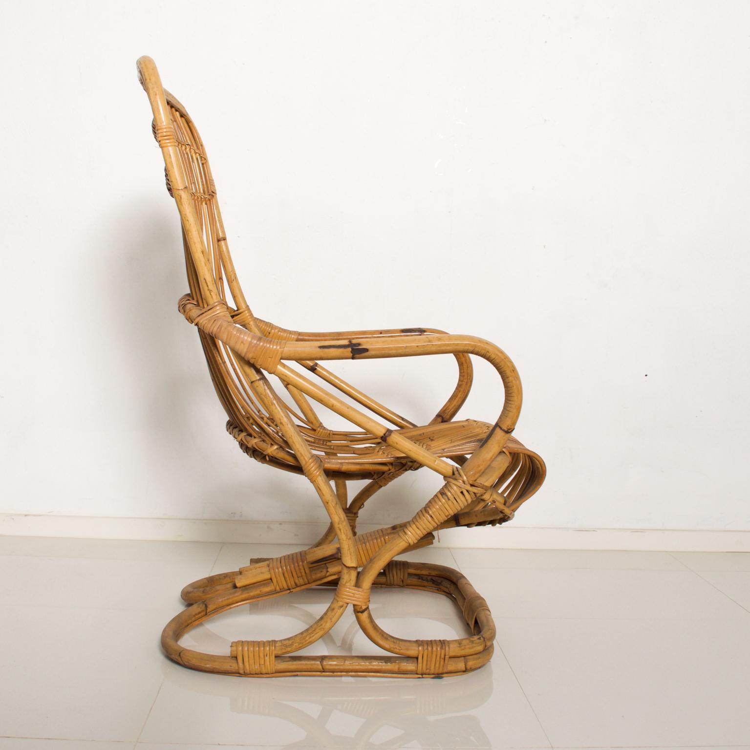 Wicker Italian Patio Golden Woven Rattan & Bamboo Comfy Lounge Chair Modern Italy 1950s
