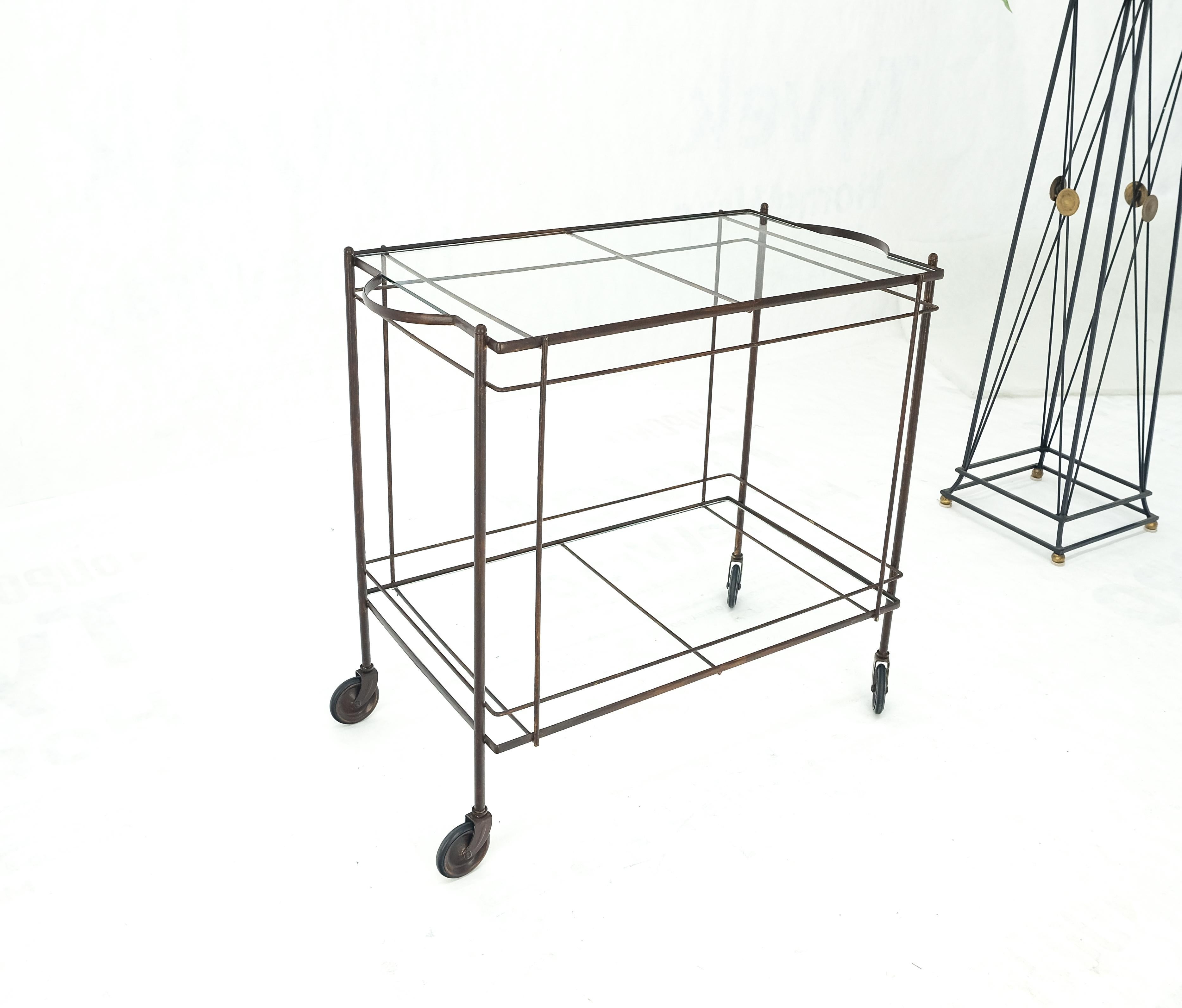 American Mid Century Modern c1950s Rolling Brass Two Tier Rectangle Serving Cart Wheels  For Sale