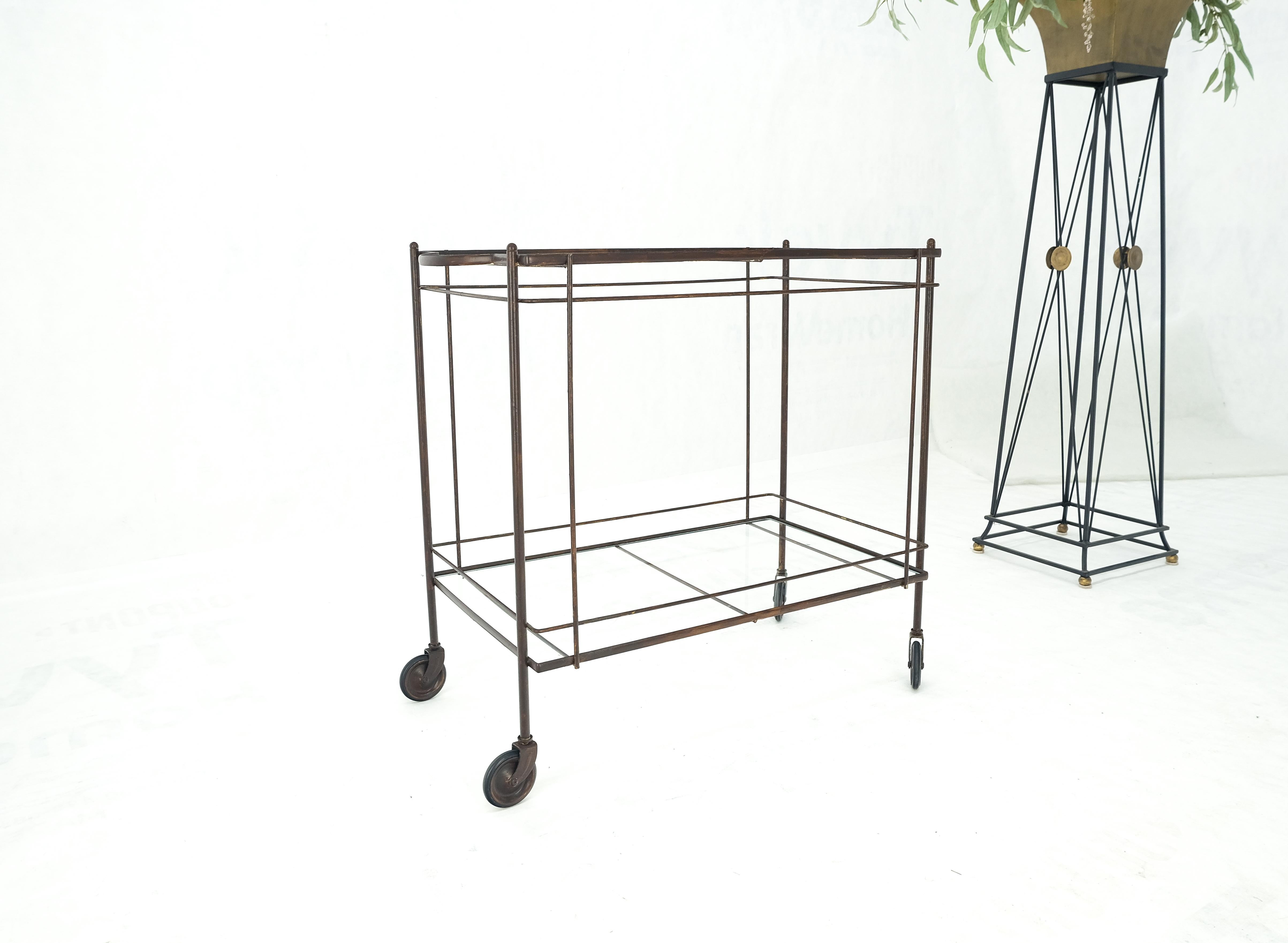 20th Century Mid Century Modern c1950s Rolling Brass Two Tier Rectangle Serving Cart Wheels  For Sale