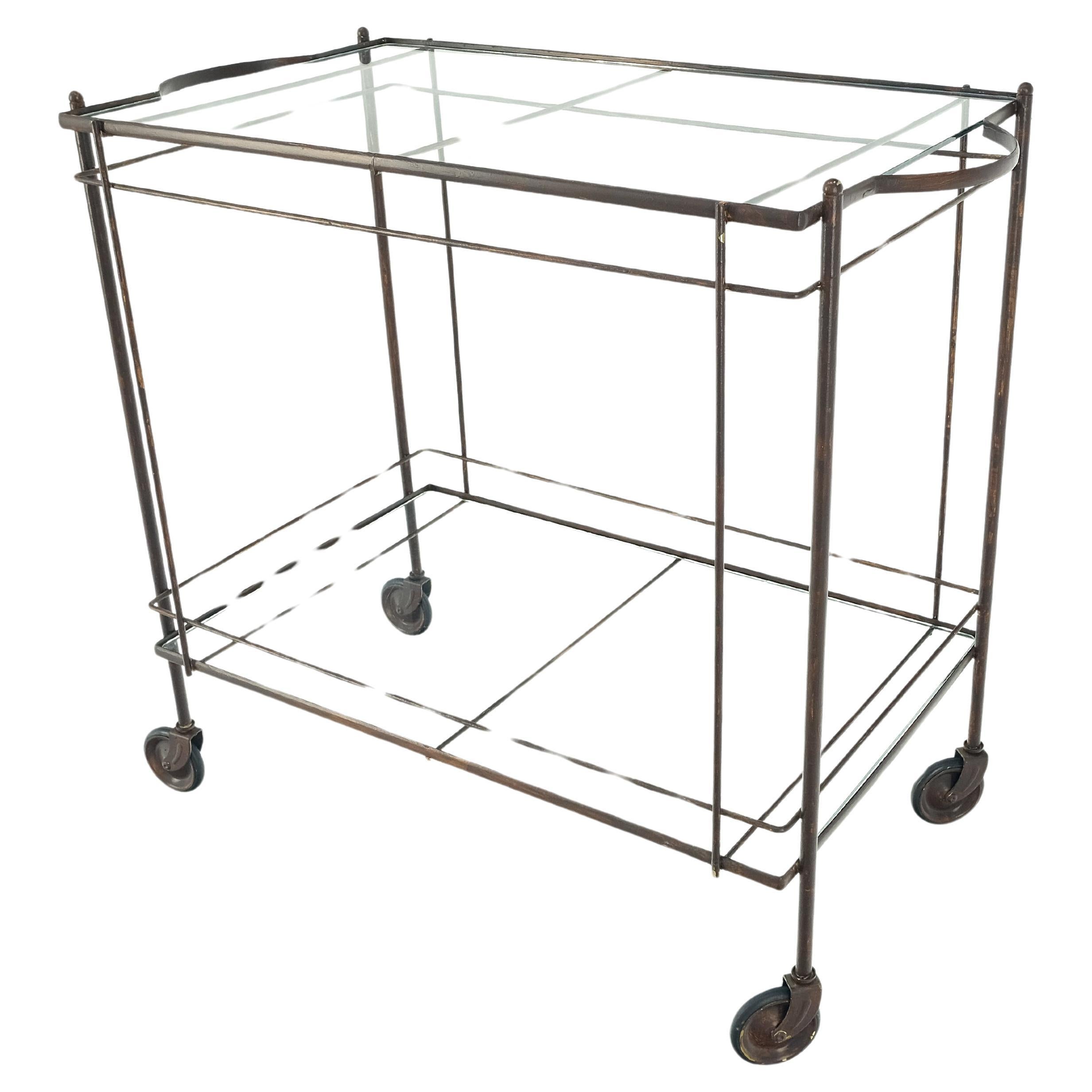 Mid Century Modern c1950s Rolling Brass Two Tier Rectangle Serving Cart Wheels  For Sale