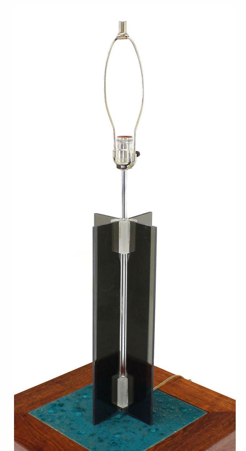 20th Century Mid Century Modern c1970s Smoked Lucite X-Base Chrome Table Lamp For Sale