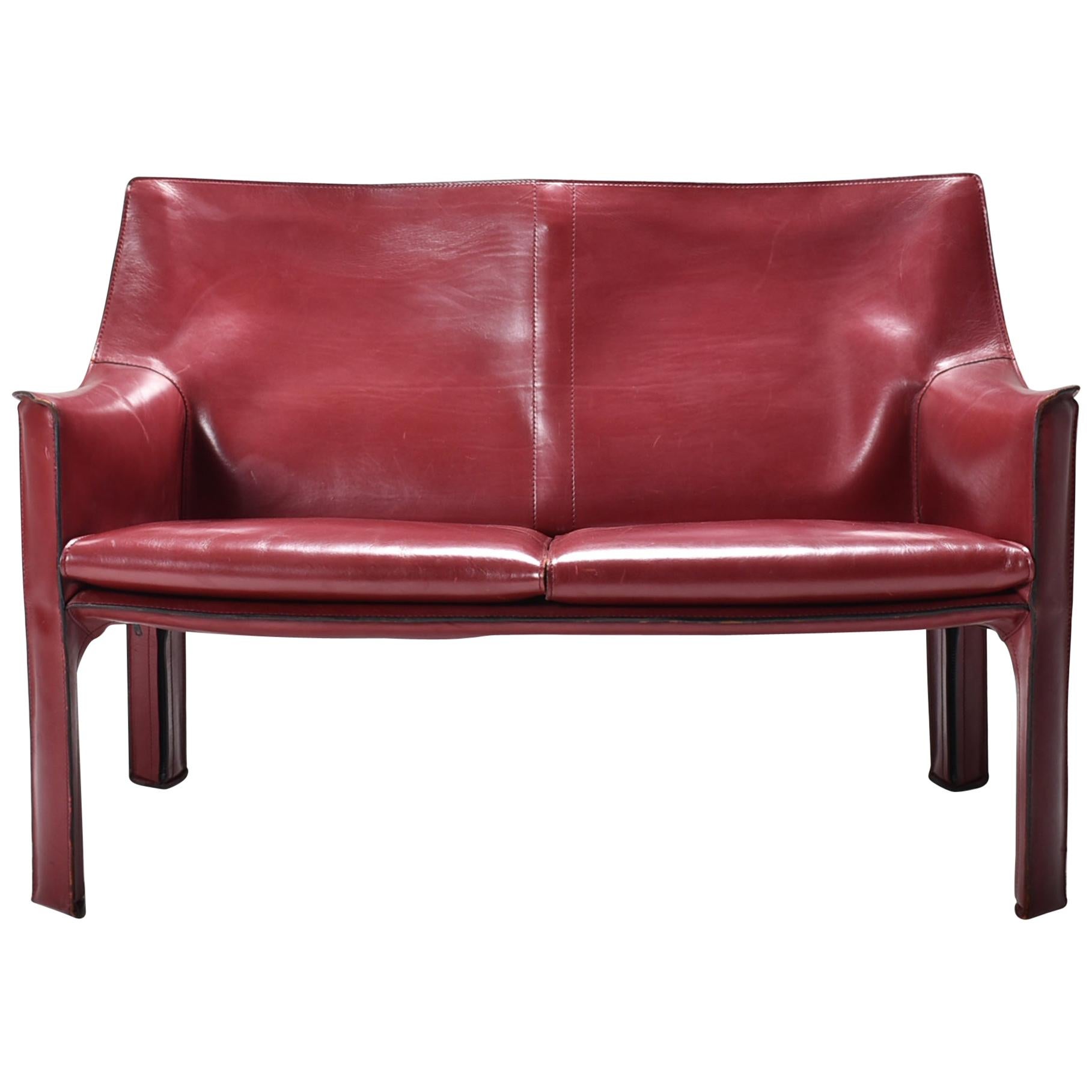 Mid-Century Modern Cab 414 Two-Seat Sofa in Bordeaux Leather by Mario Bellini