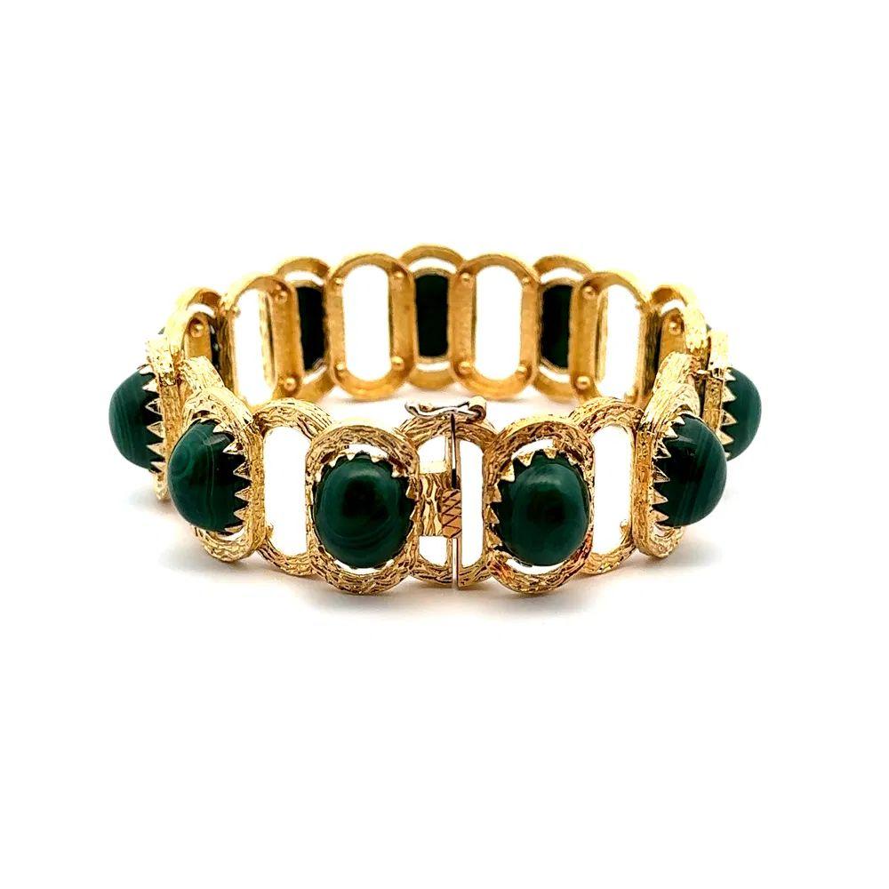Pulsera vintage con cabujón de malaquita y oro de mediados del siglo XX Cabujón en venta