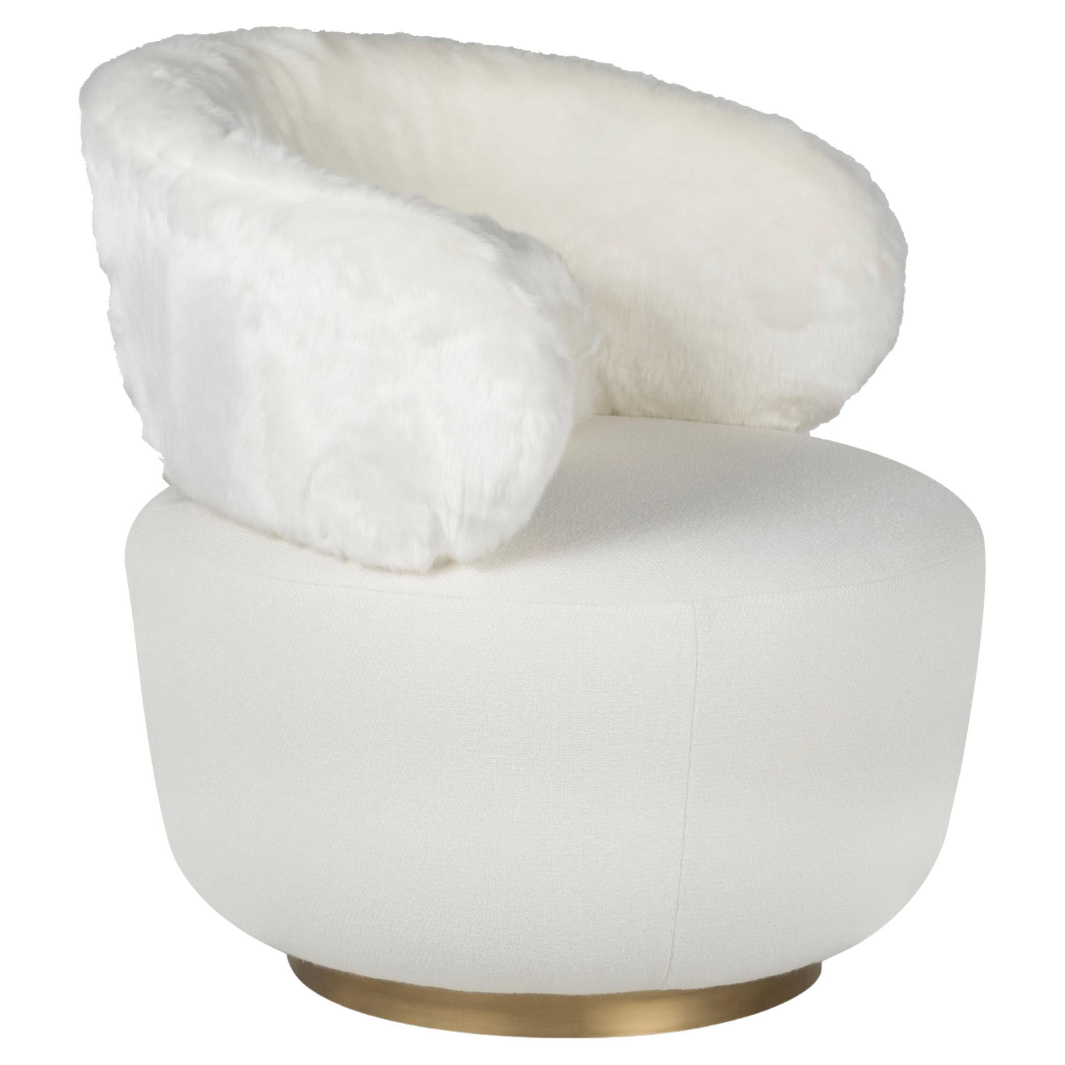 Portuguese Mid-Century Modern Caju Lounge Chair Set 2, Swivel, Linen, Faux Fur, Greenapple For Sale