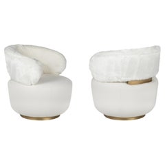 Mid-Century Modern Caju Lounge Chair Set 2, Swivel, Linen, Faux Fur, Greenapple