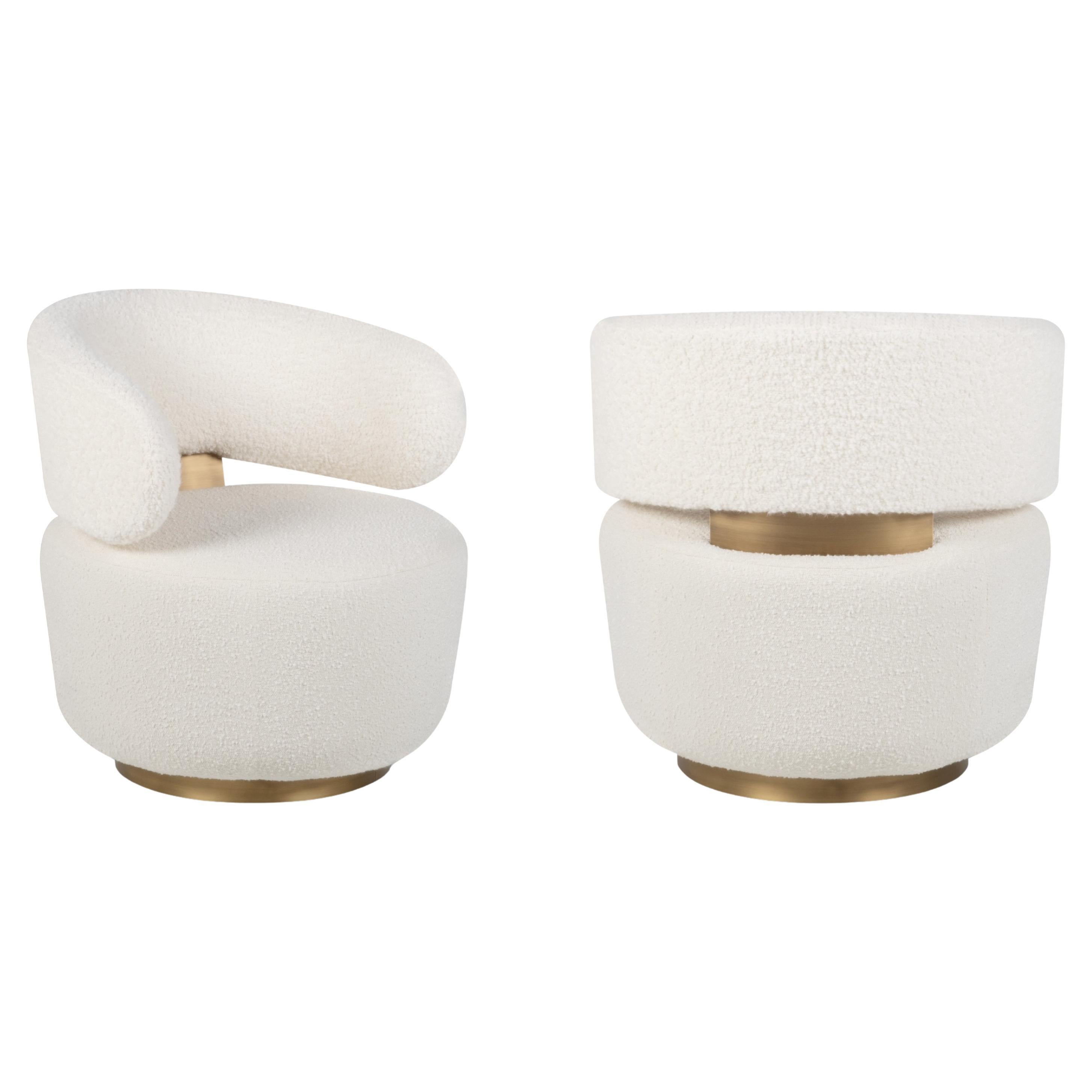 Mid-Century Modern Caju Lounge Chair Set of 2, Swivel, Bouclé, Brass, Greenapple