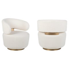 Mid-Century Modern Caju Lounge Chair Set of 2, Swivel, Bouclé, Brass, Greenapple
