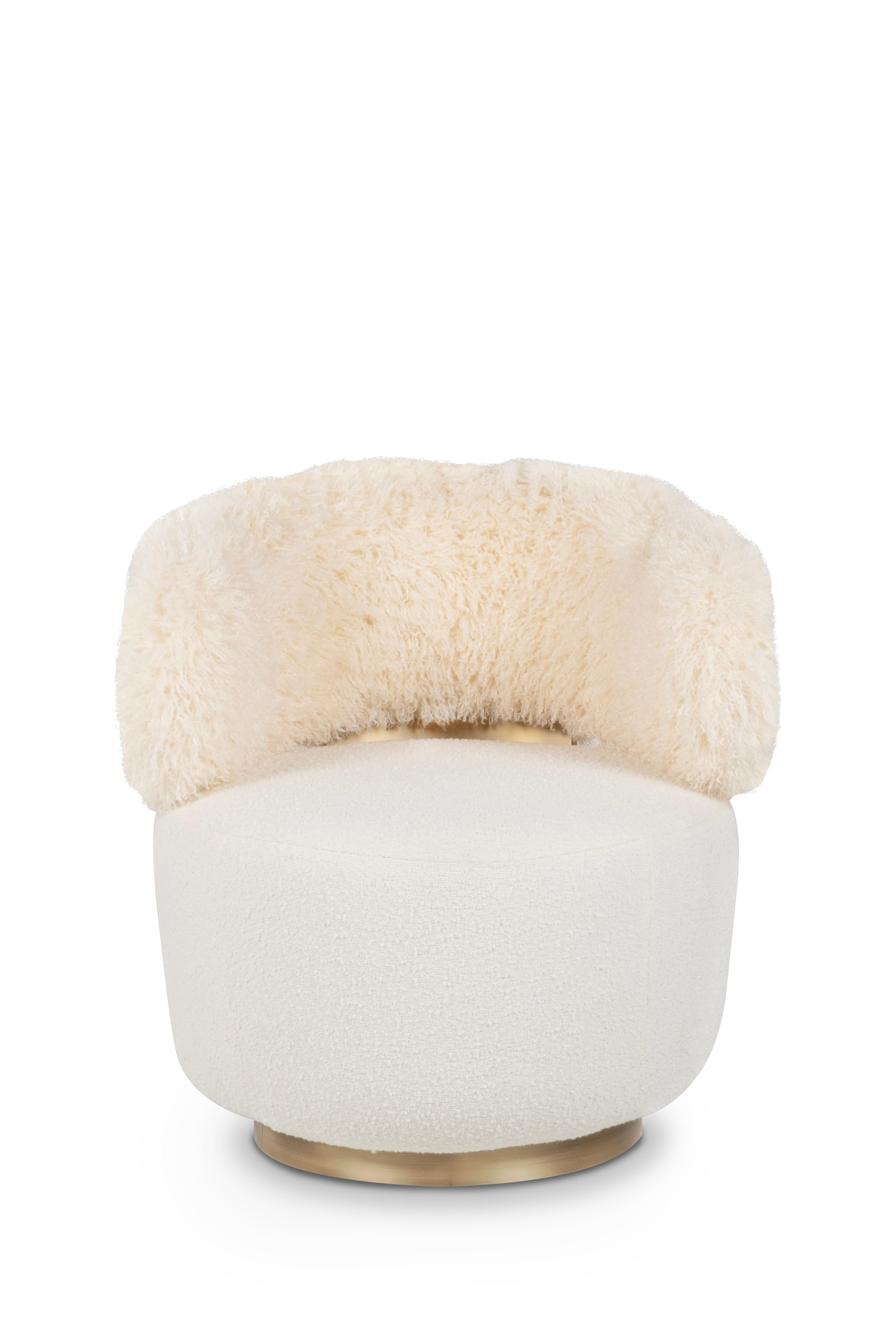 Brushed Mid-Century Modern Caju Lounge Chair, Swivel, Bouclé, Faux Fur, Greenapple For Sale