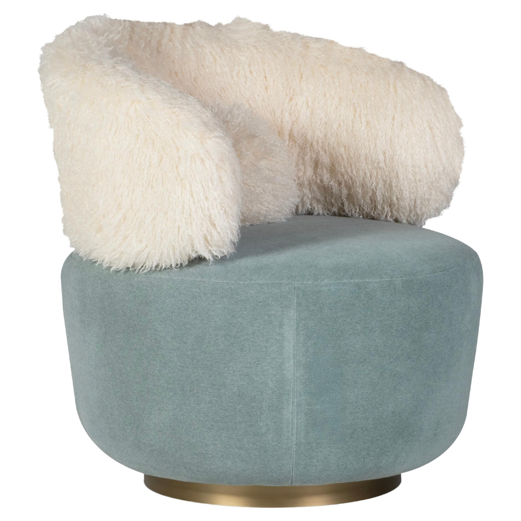 Mid-Century Modern Caju Lounge Chair, Swivel, Bouclé, Faux Fur, Greenapple