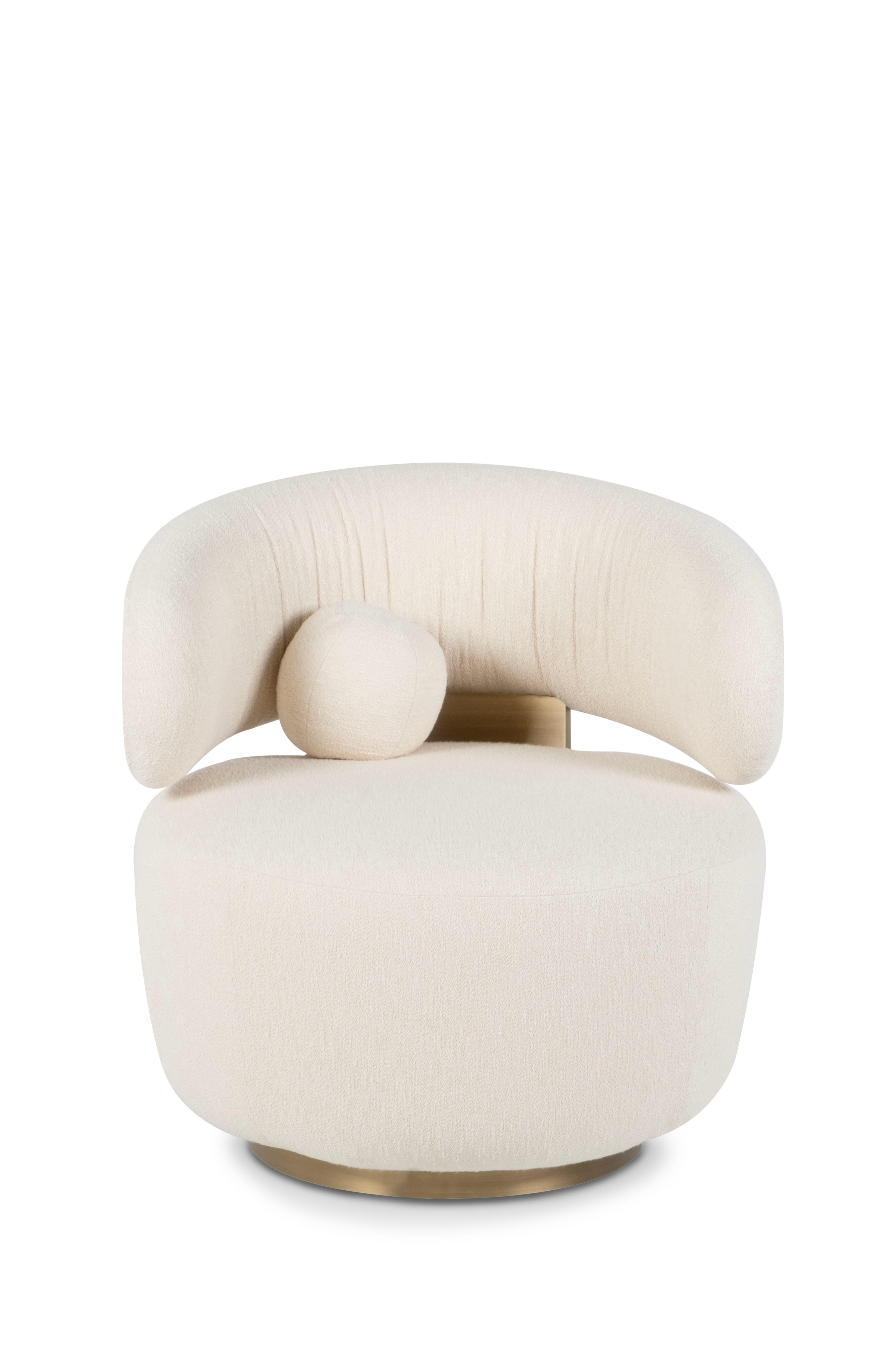 Brushed Mid-Century Modern Caju Lounge Chair, Swivel, Cotton Fabric, Brass, Greenapple For Sale