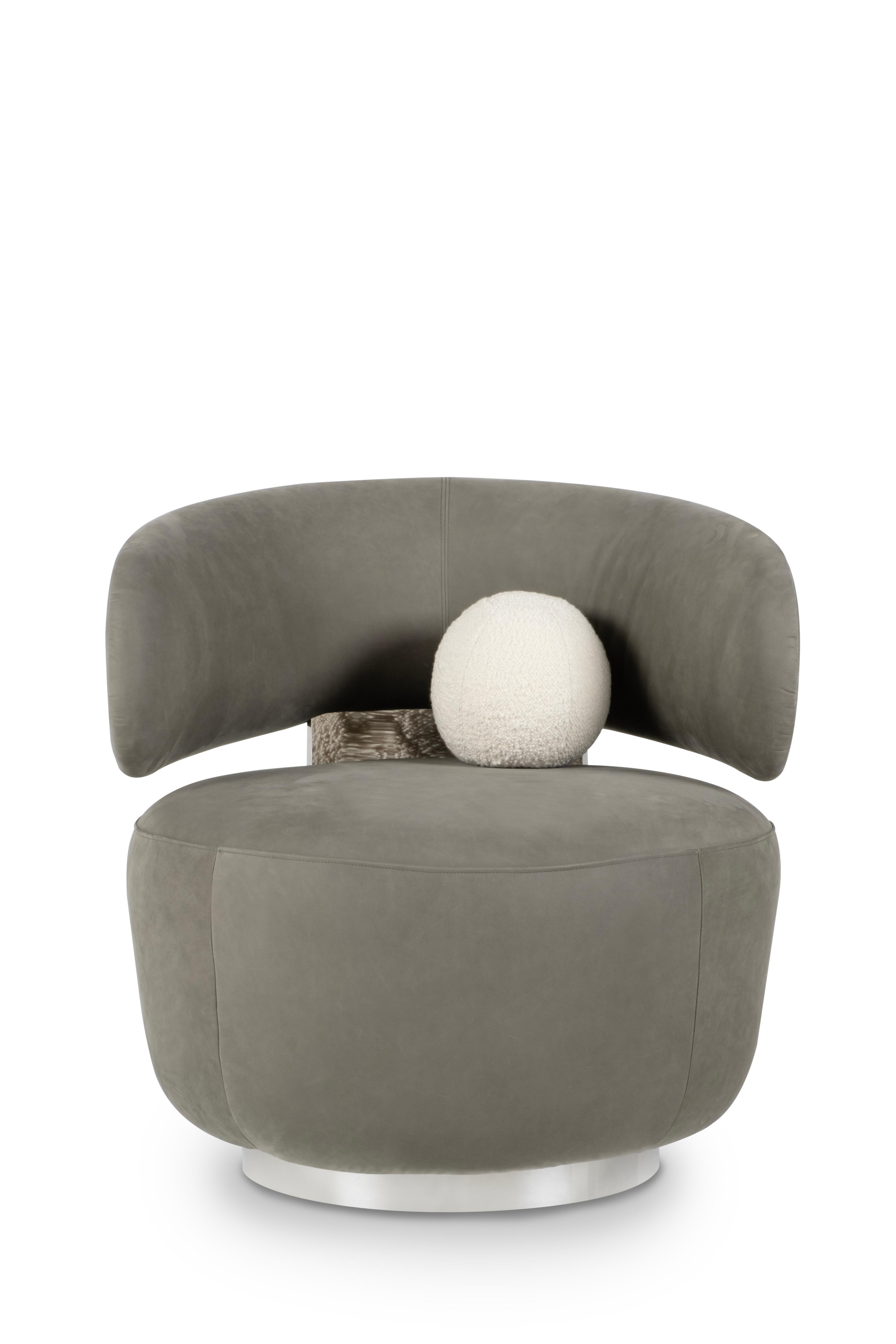 Brushed Mid-Century Modern Caju Lounge Chair, Swivel, Leather, Bouclé, Greenapple For Sale