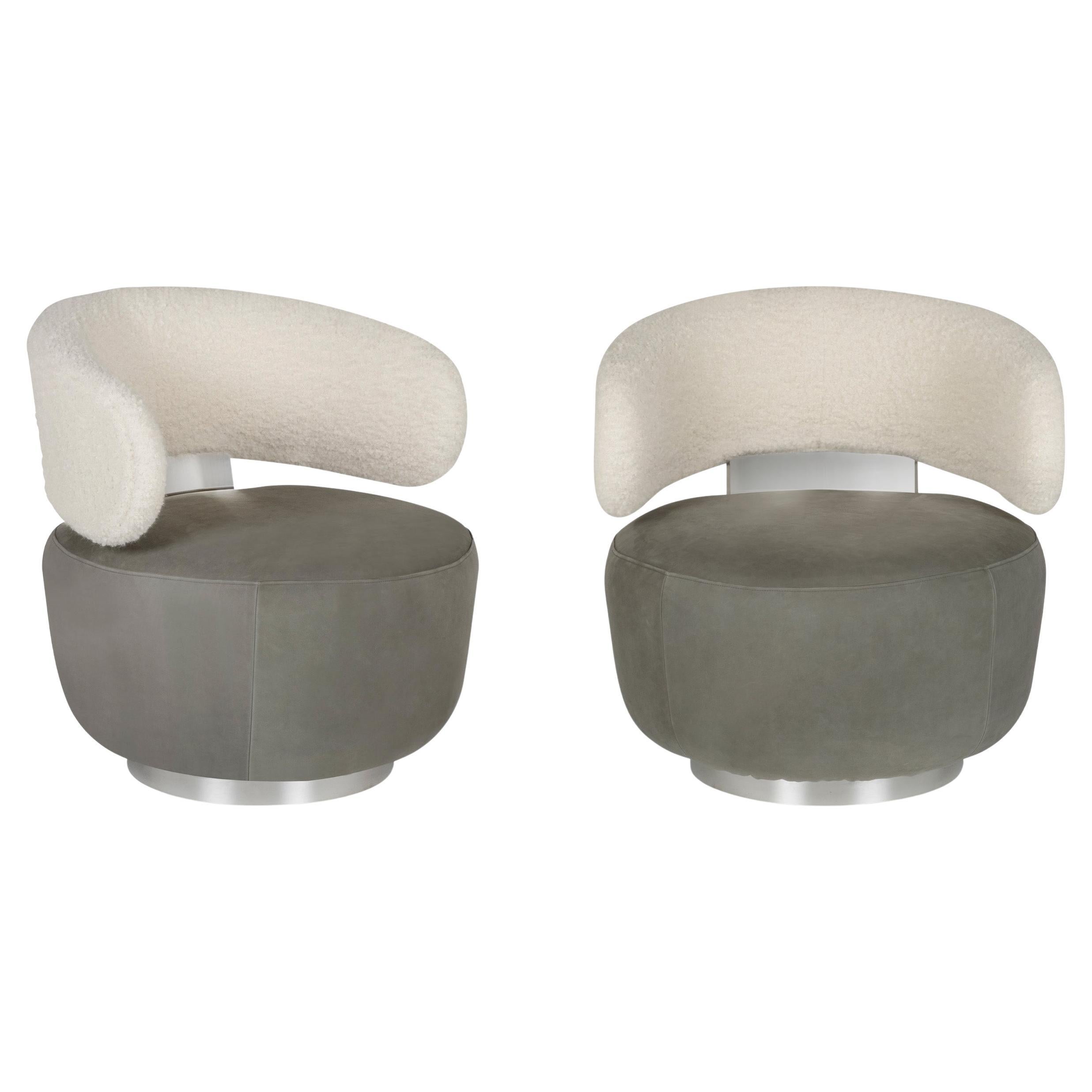 Mid-Century Modern Caju Set/2 Lounge Chairs, Swivel, Leather, Bouclé, Greenapple