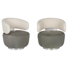 Mid-Century Modern Caju Set/2 Lounge Chairs, Swivel, Leather, Bouclé, Greenapple Mid-Century Modern Caju Set/2 Lounge Chairs, Swivel, Leather, Bouclé, Greenapple