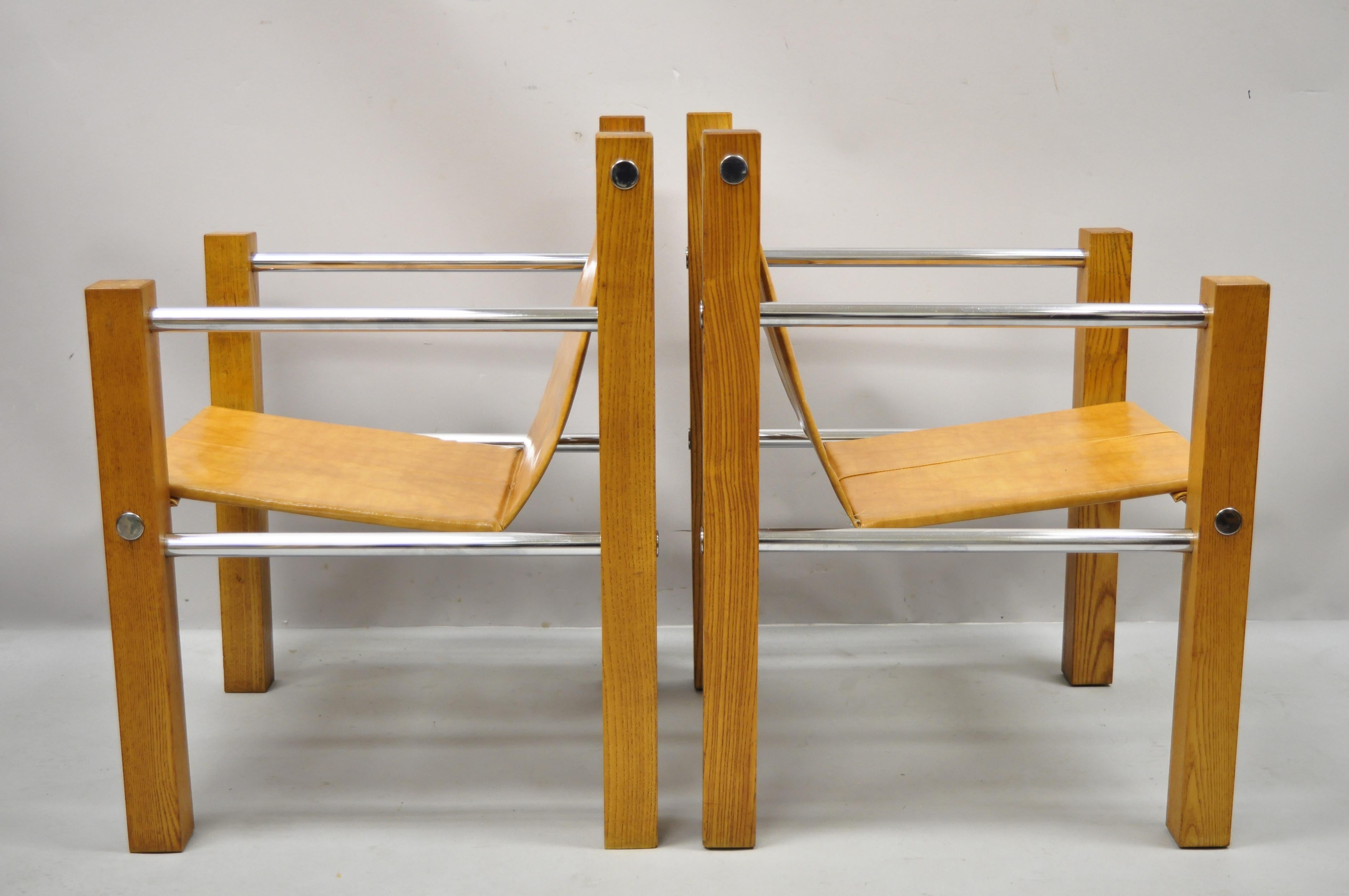 Mid-Century Modern Cal Style Inc Oak Chrome Sling Lounge Chairs, a Pair 4