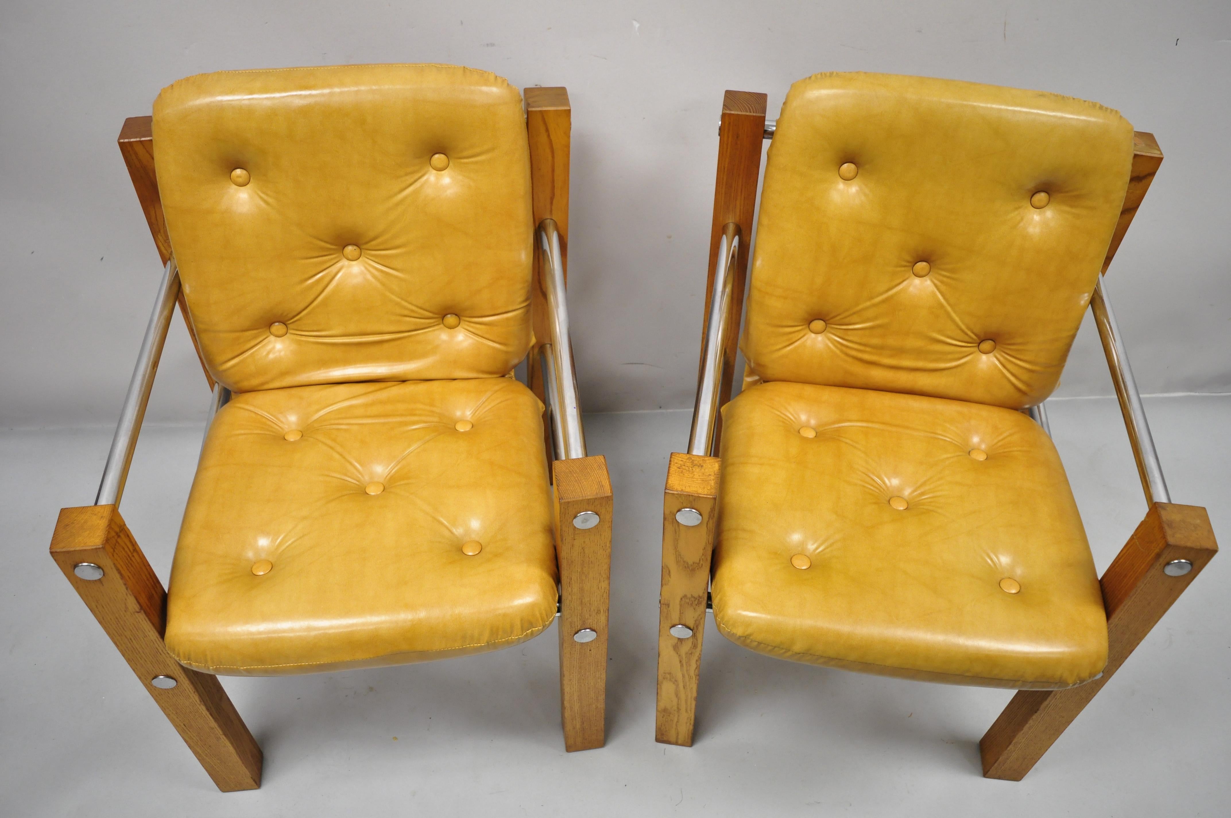 North American Mid-Century Modern Cal Style Inc Oak Chrome Sling Lounge Chairs, a Pair