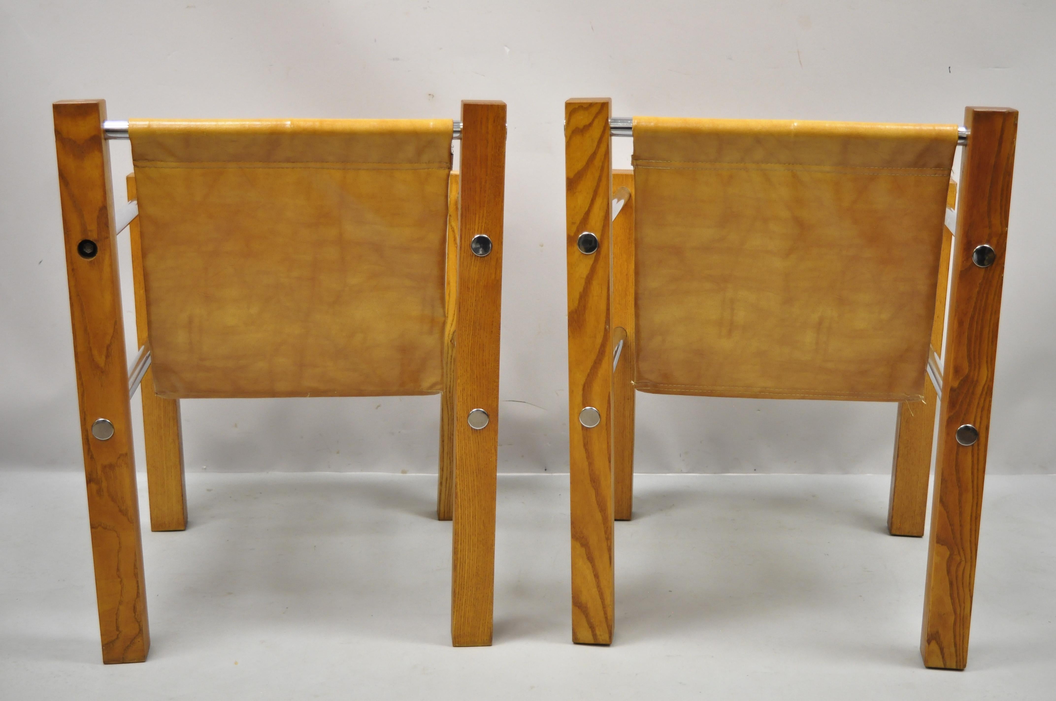 Mid-Century Modern Cal Style Inc Oak Chrome Sling Lounge Chairs, a Pair 1