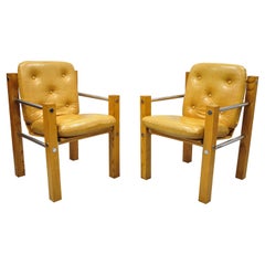 Mid-Century Modern Cal Style Inc Oak Chrome Sling Lounge Chairs, a Pair