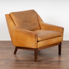 Mid Century Modern Camel Leather Arm Chair, Denmark circa 1960-70