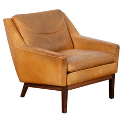 Mid Century Modern Camel Leather Arm Chair, Denmark circa 1960-70