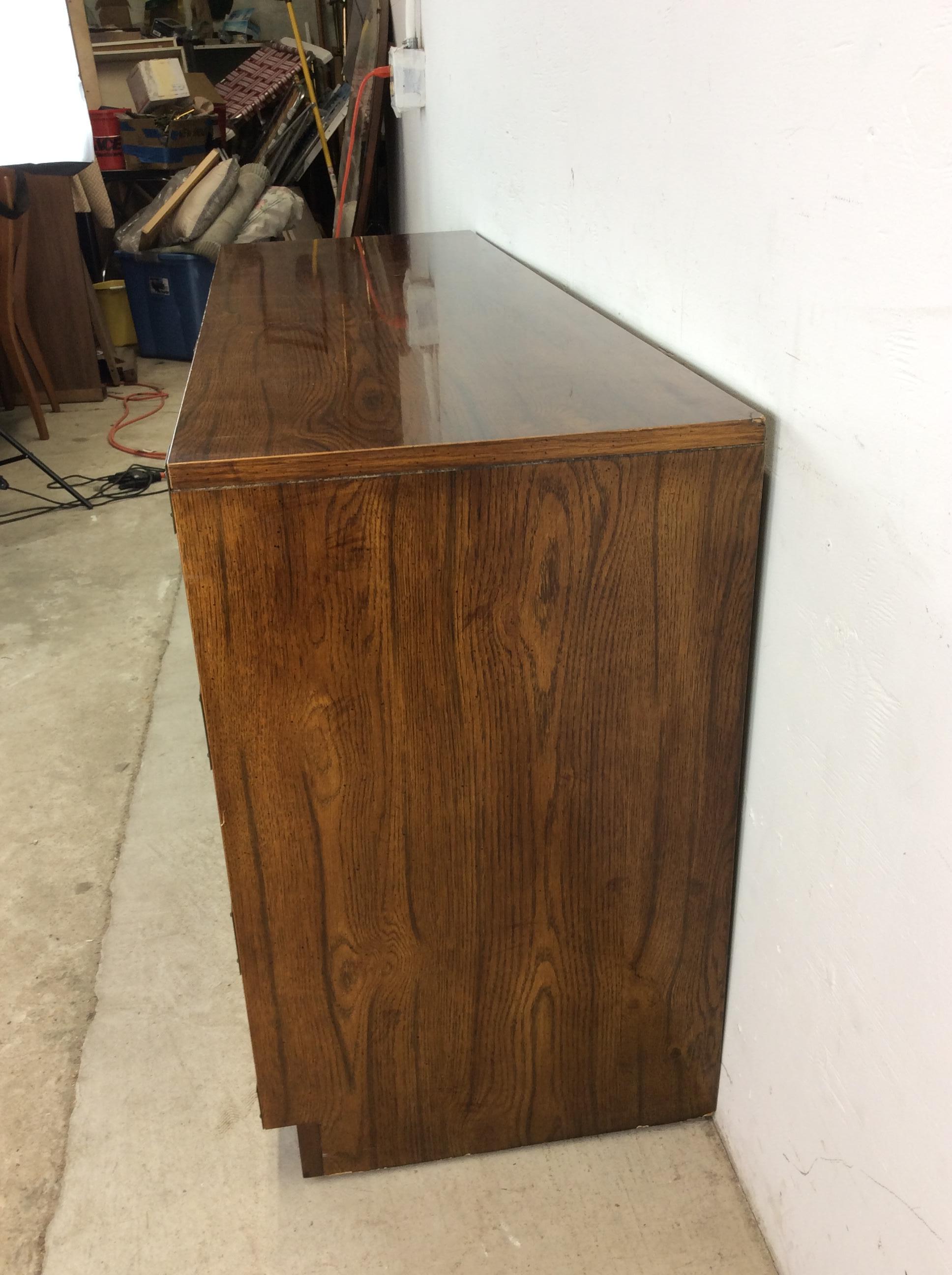 Mid Century Modern Campaign Style Lowboy Dresser with 7 Drawers For Sale 6