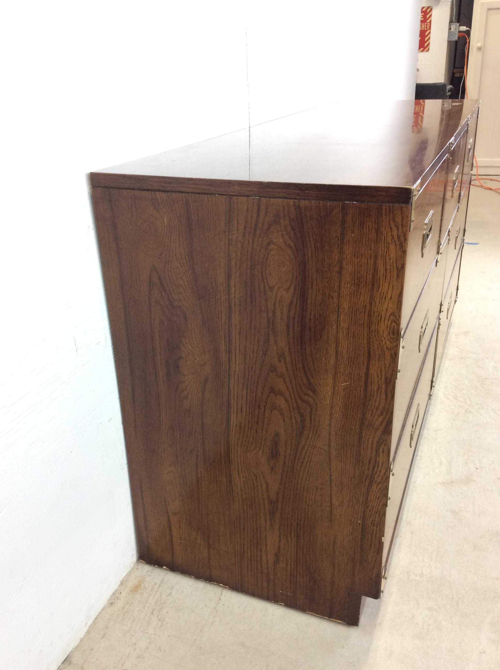 Mid Century Modern Campaign Style Lowboy Dresser with 7 Drawers For Sale 9