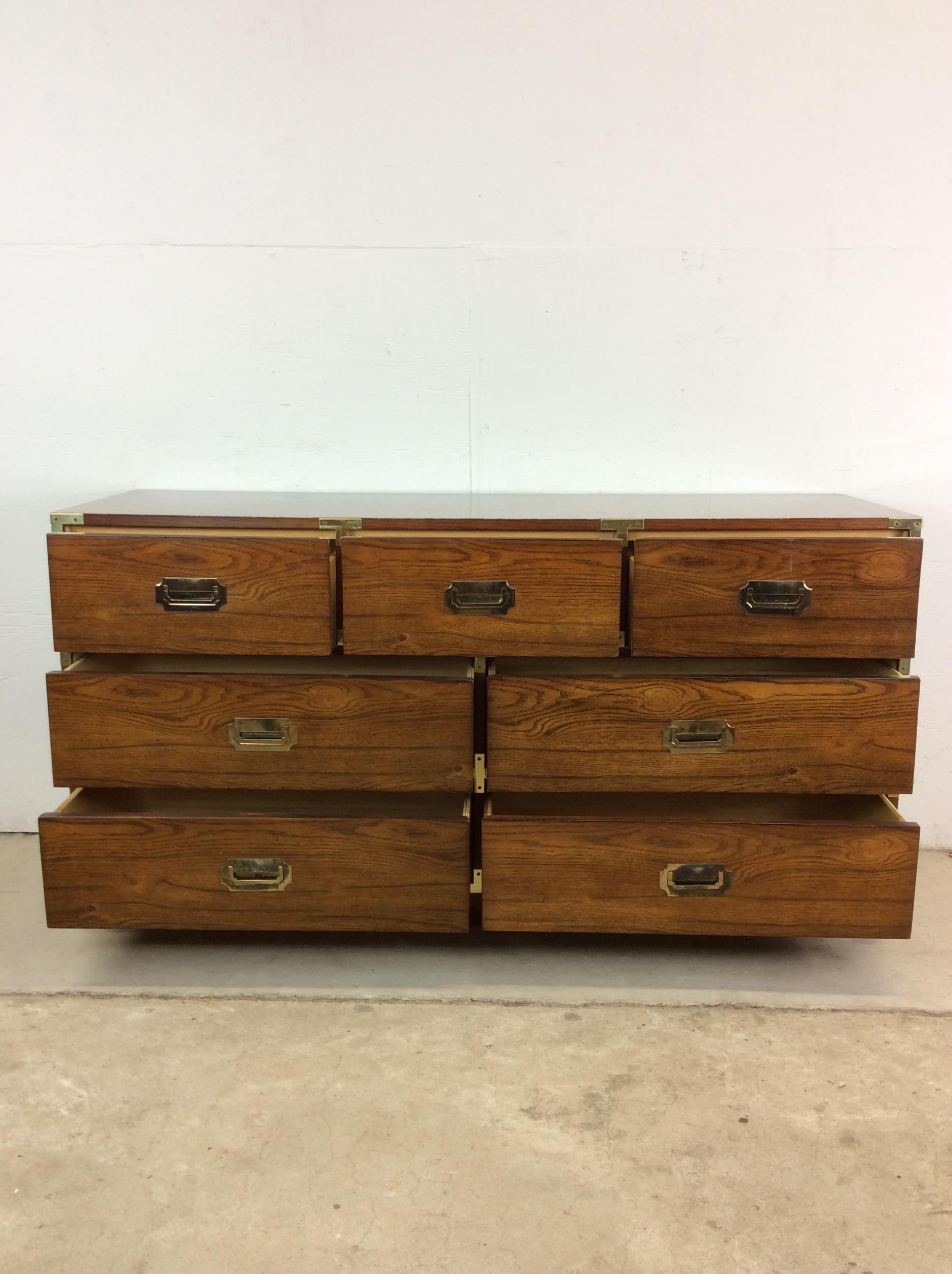 Mid Century Modern Campaign Style Lowboy Dresser with 7 Drawers For Sale 11