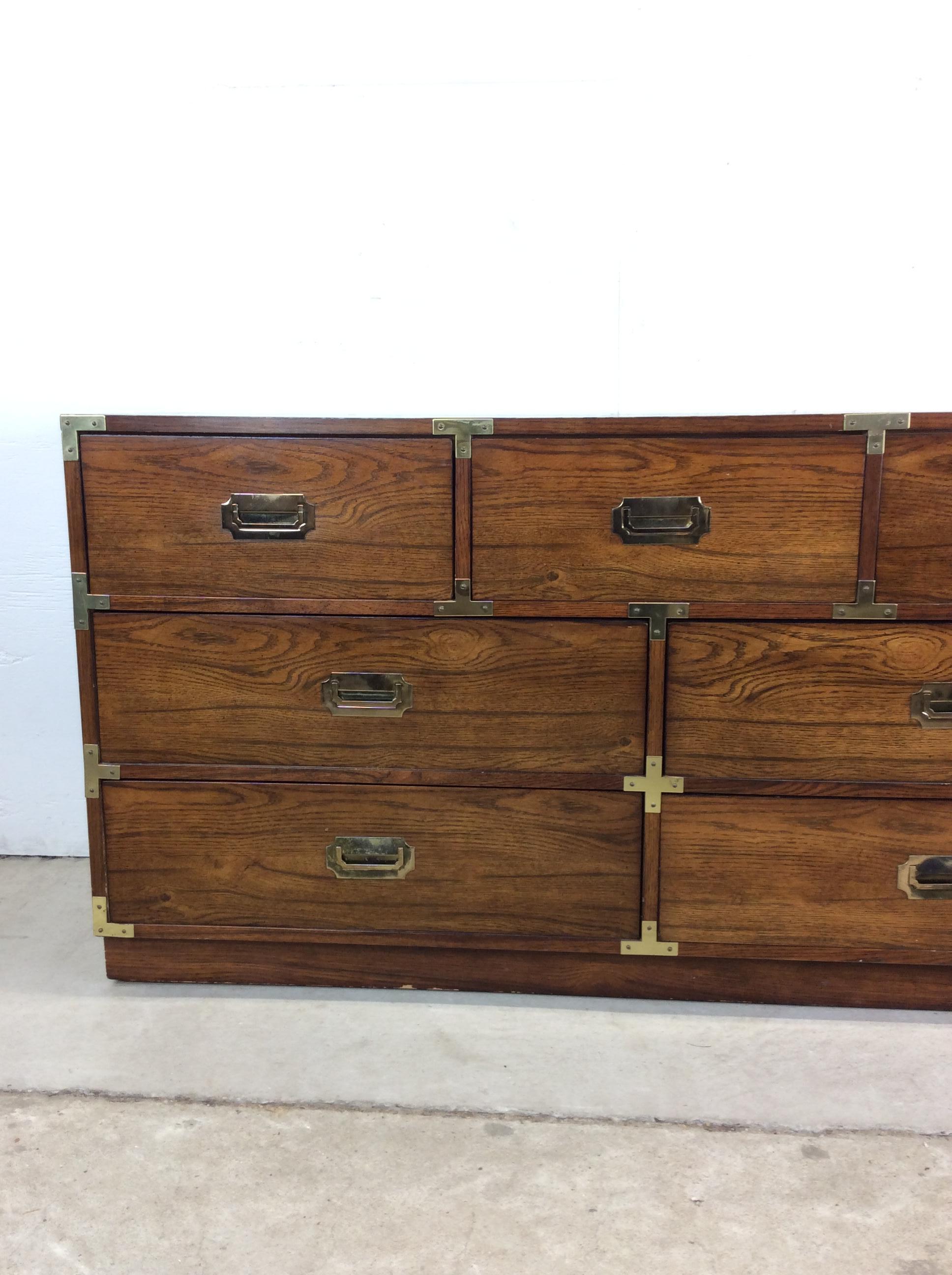 American Mid Century Modern Campaign Style Lowboy Dresser with 7 Drawers For Sale