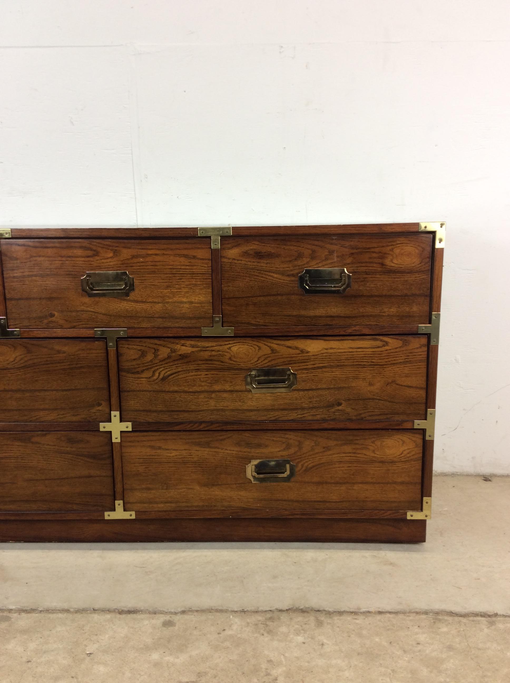 Veneer Mid Century Modern Campaign Style Lowboy Dresser with 7 Drawers For Sale
