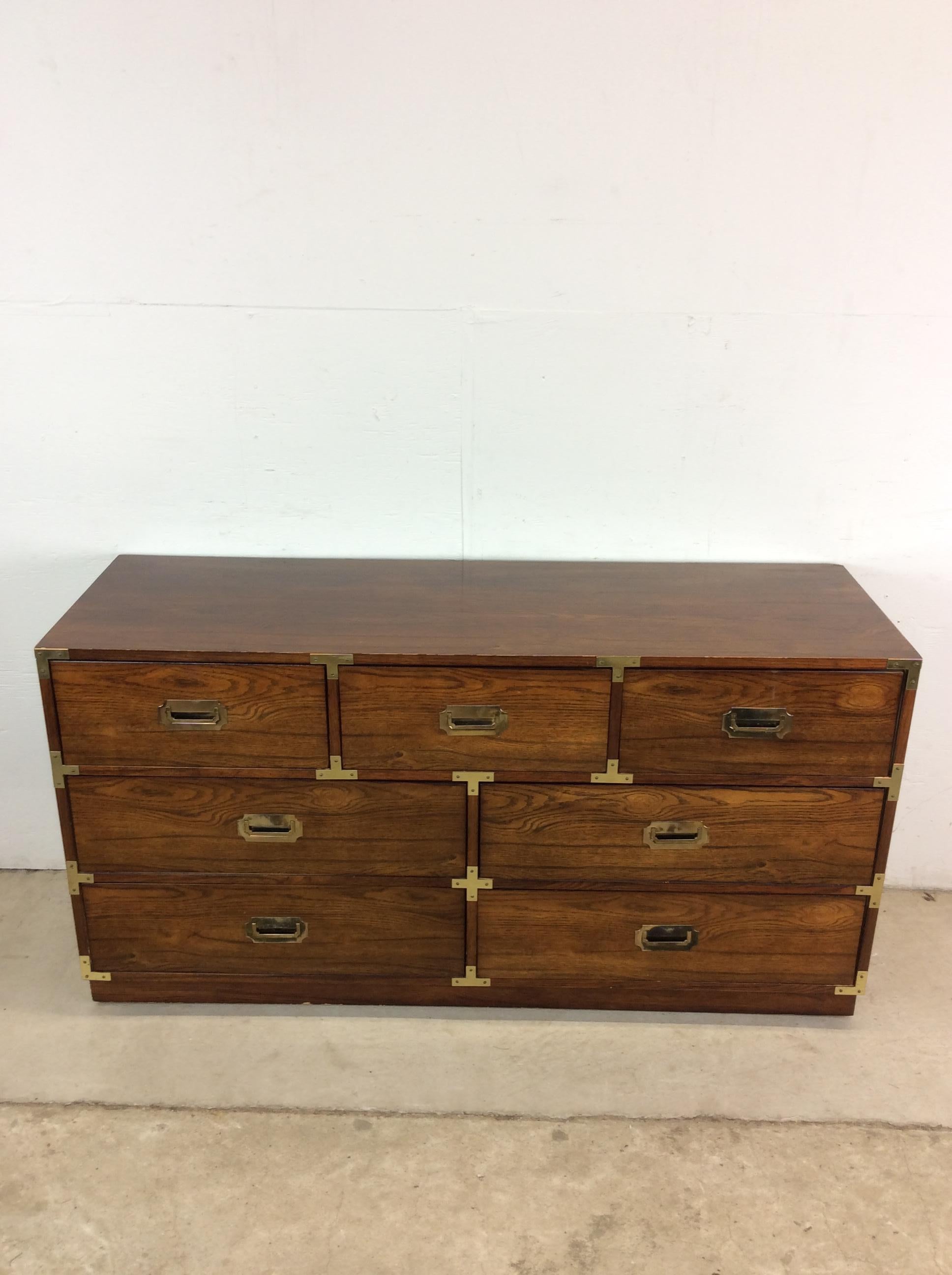 Mid Century Modern Campaign Style Lowboy Dresser with 7 Drawers In Good Condition For Sale In Freehold, NJ