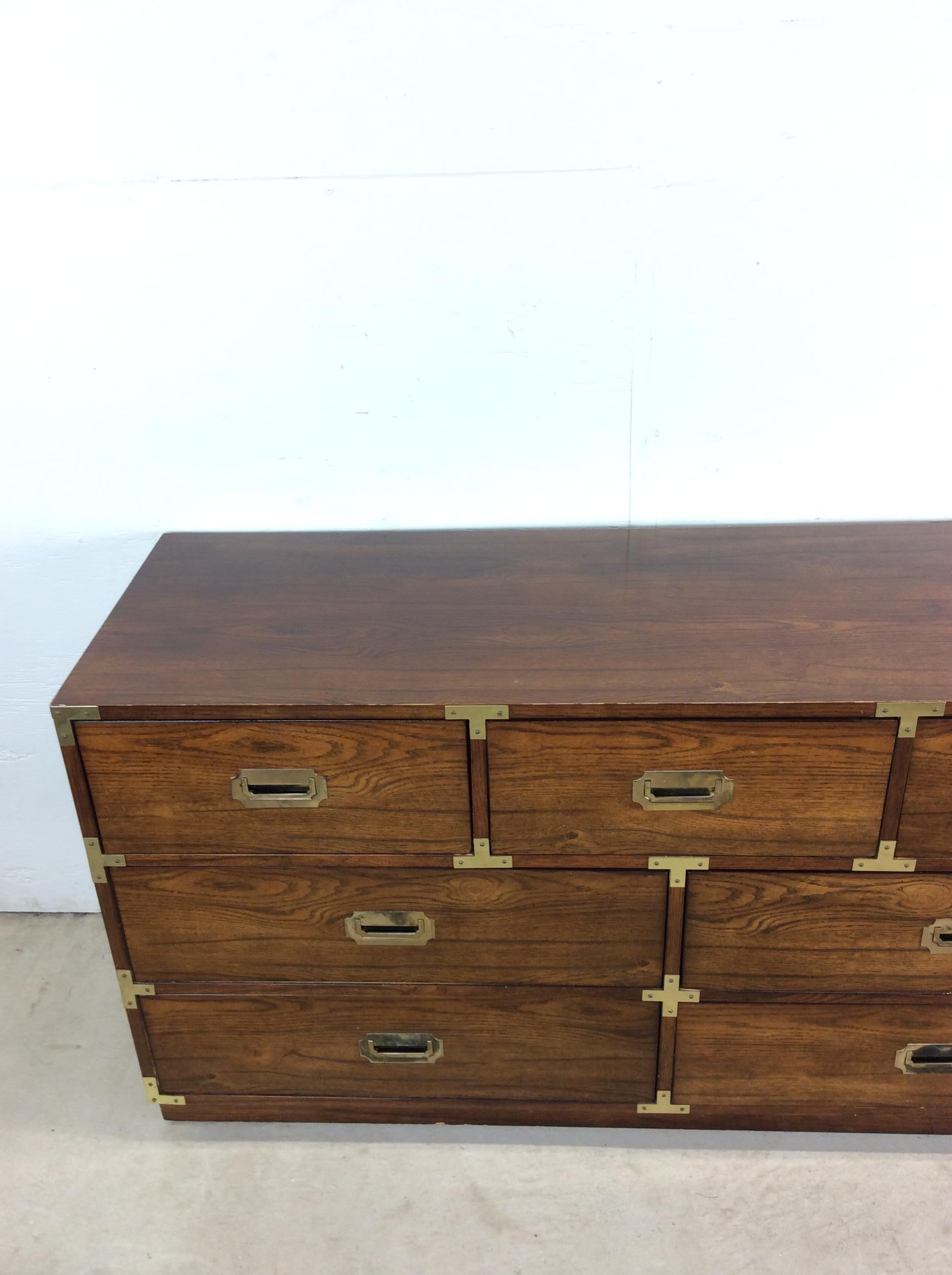20th Century Mid Century Modern Campaign Style Lowboy Dresser with 7 Drawers For Sale