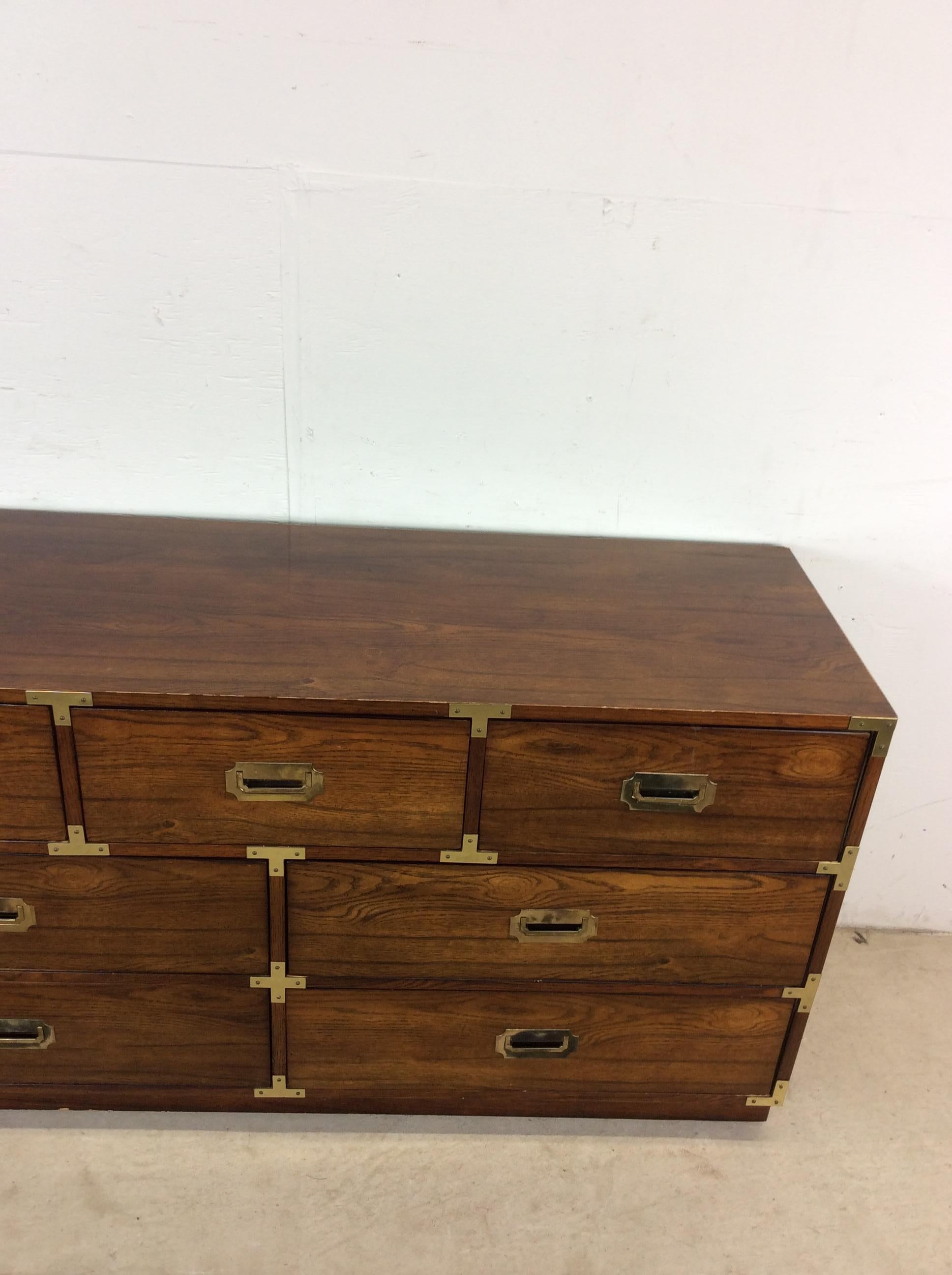Brass Mid Century Modern Campaign Style Lowboy Dresser with 7 Drawers For Sale