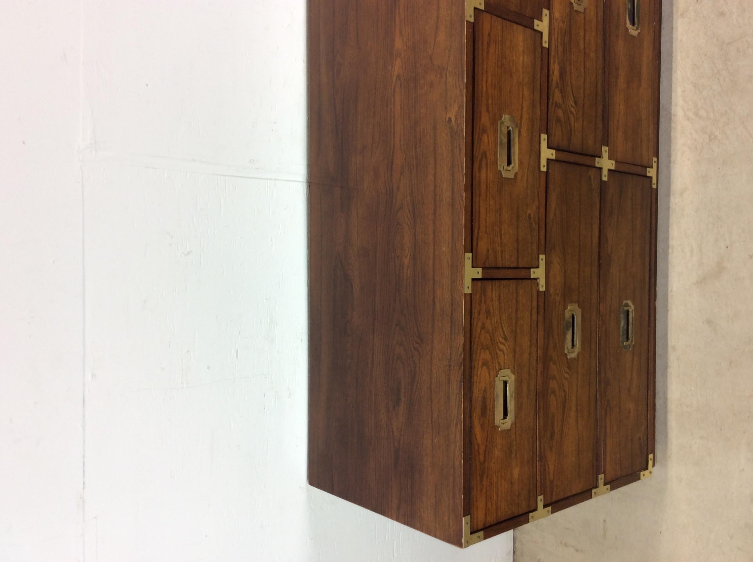 Mid Century Modern Campaign Style Lowboy Dresser with 7 Drawers For Sale 1