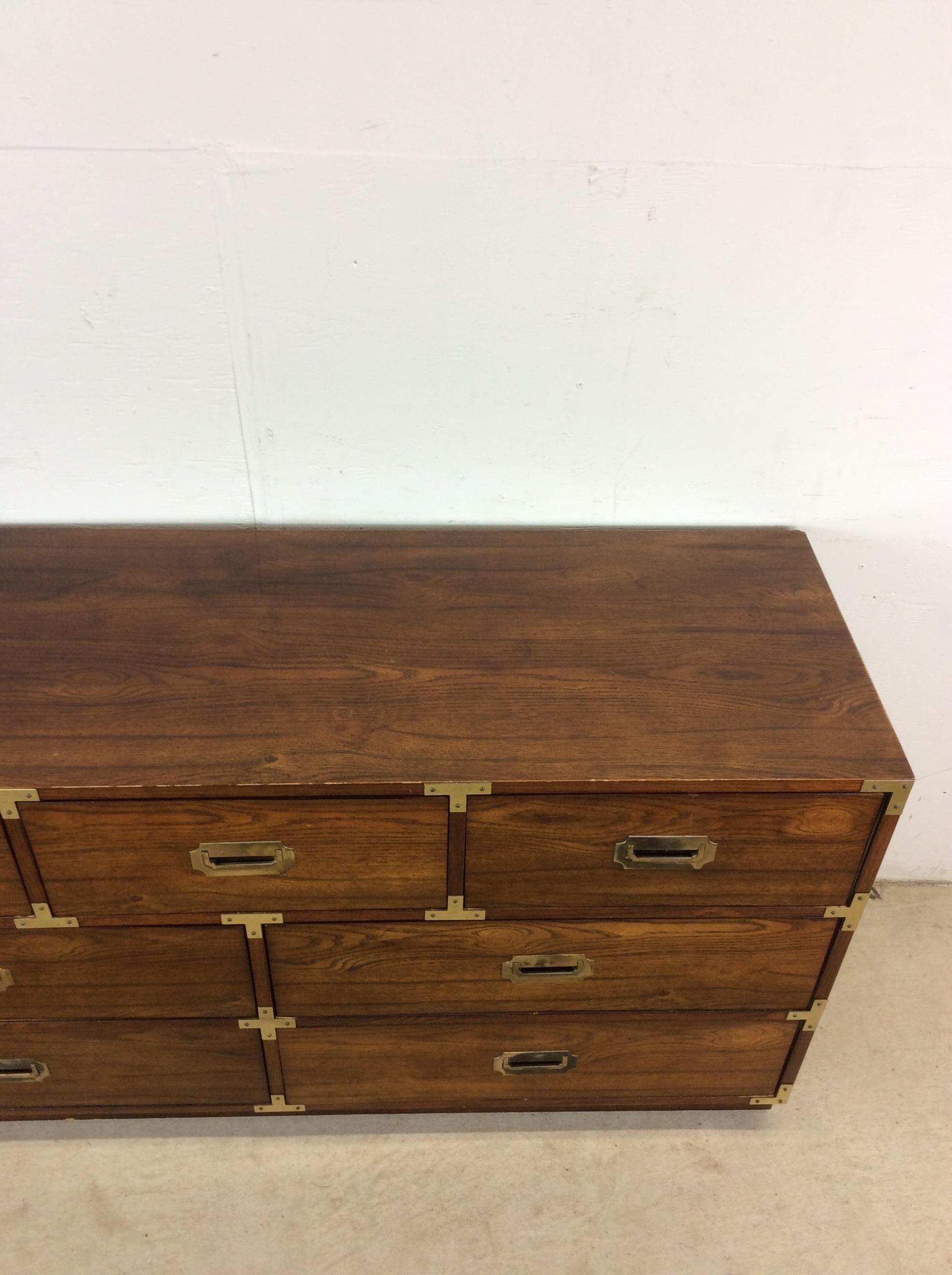 Mid Century Modern Campaign Style Lowboy Dresser with 7 Drawers For Sale 2
