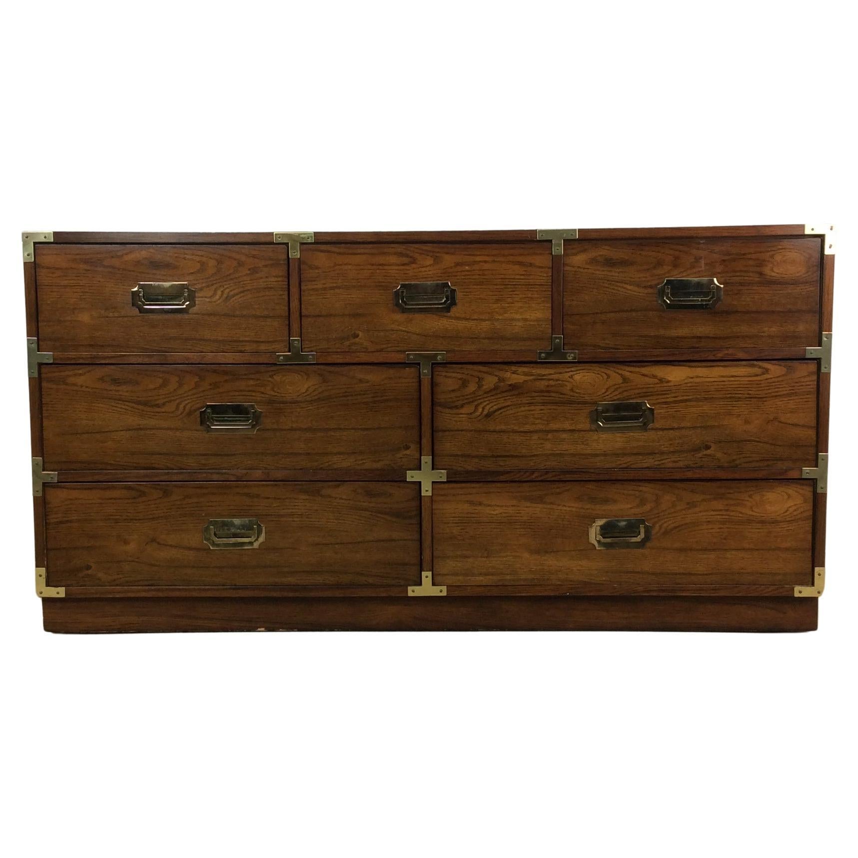 Mid Century Modern Campaign Style Lowboy Dresser with 7 Drawers For Sale