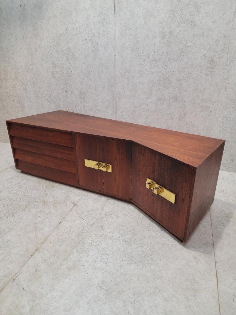 Mid Century Modern Campaign Style Sculptural Walnut Credenza For Sale 4