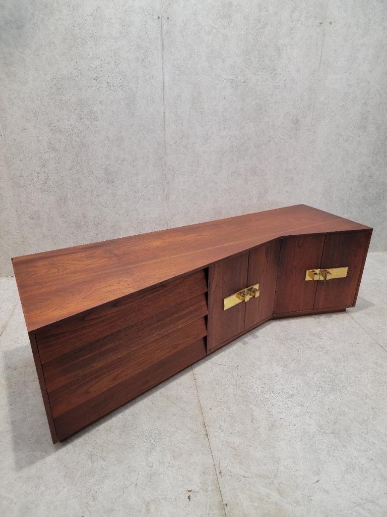 Mid Century Modern Campaign Style Sculptural Walnut Credenza For Sale 5