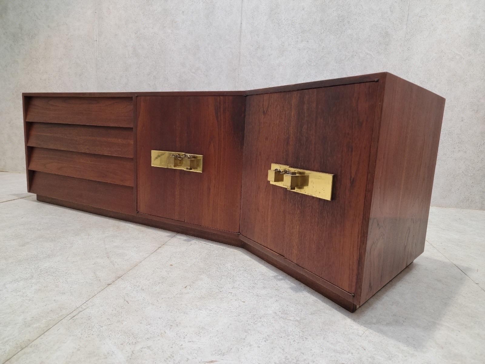 Mid Century Modern Campaign Style Sculptural Walnut Credenza For Sale 6
