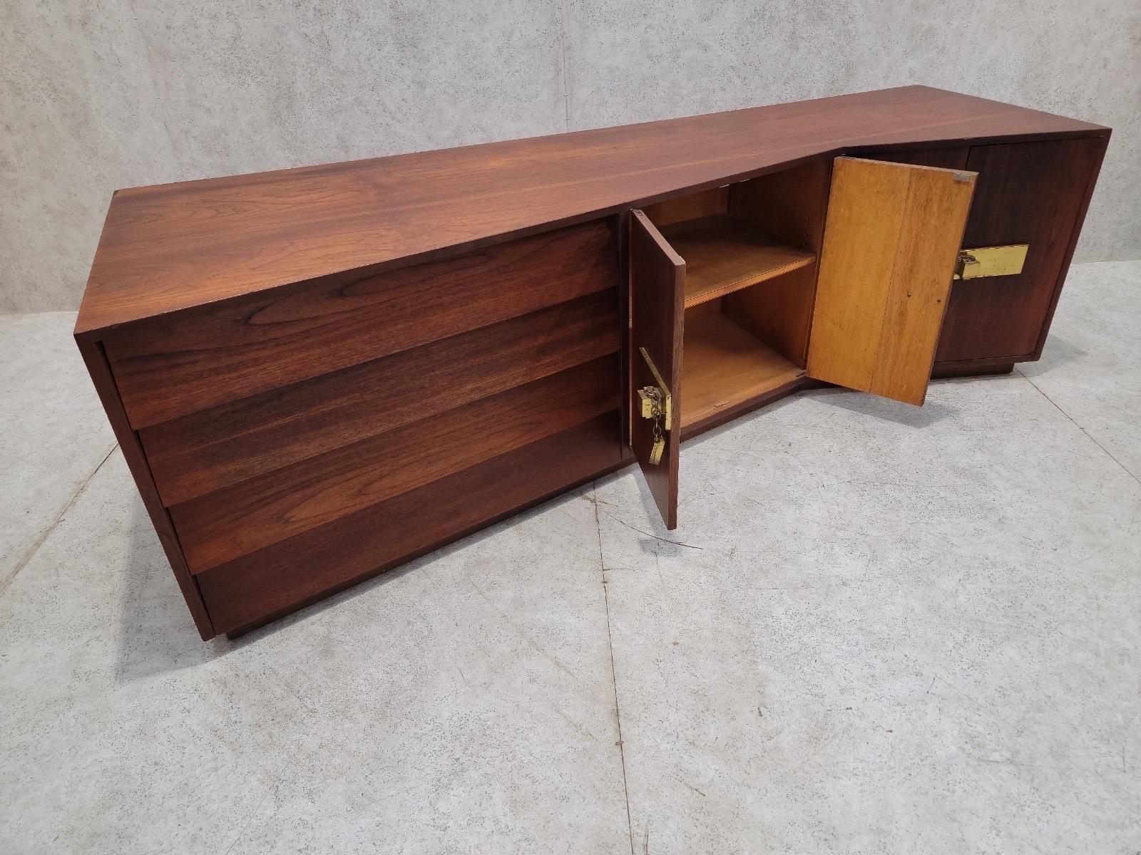 Mid Century Modern Campaign Style Sculptural Walnut Credenza For Sale 9