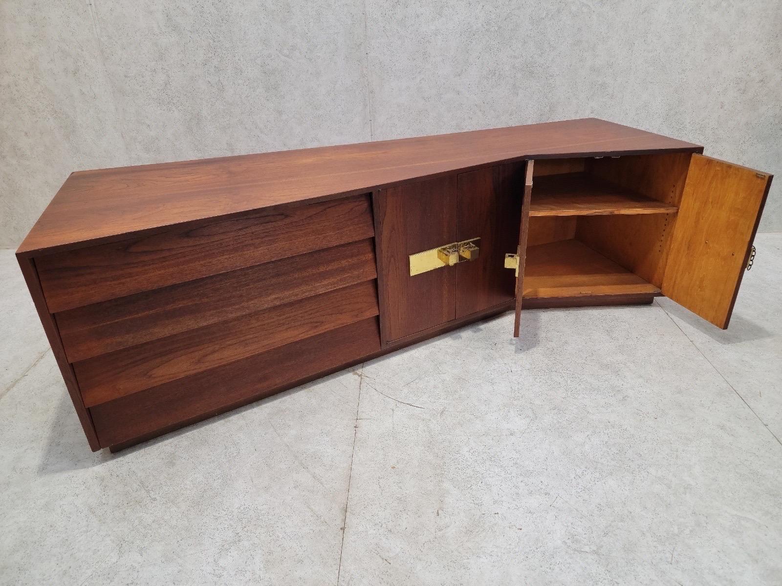 Mid Century Modern Campaign Style Sculptural Walnut Credenza For Sale 10