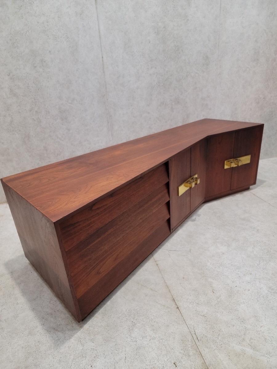Mid Century Modern Campaign Style Sculptural Walnut Credenza For Sale 11