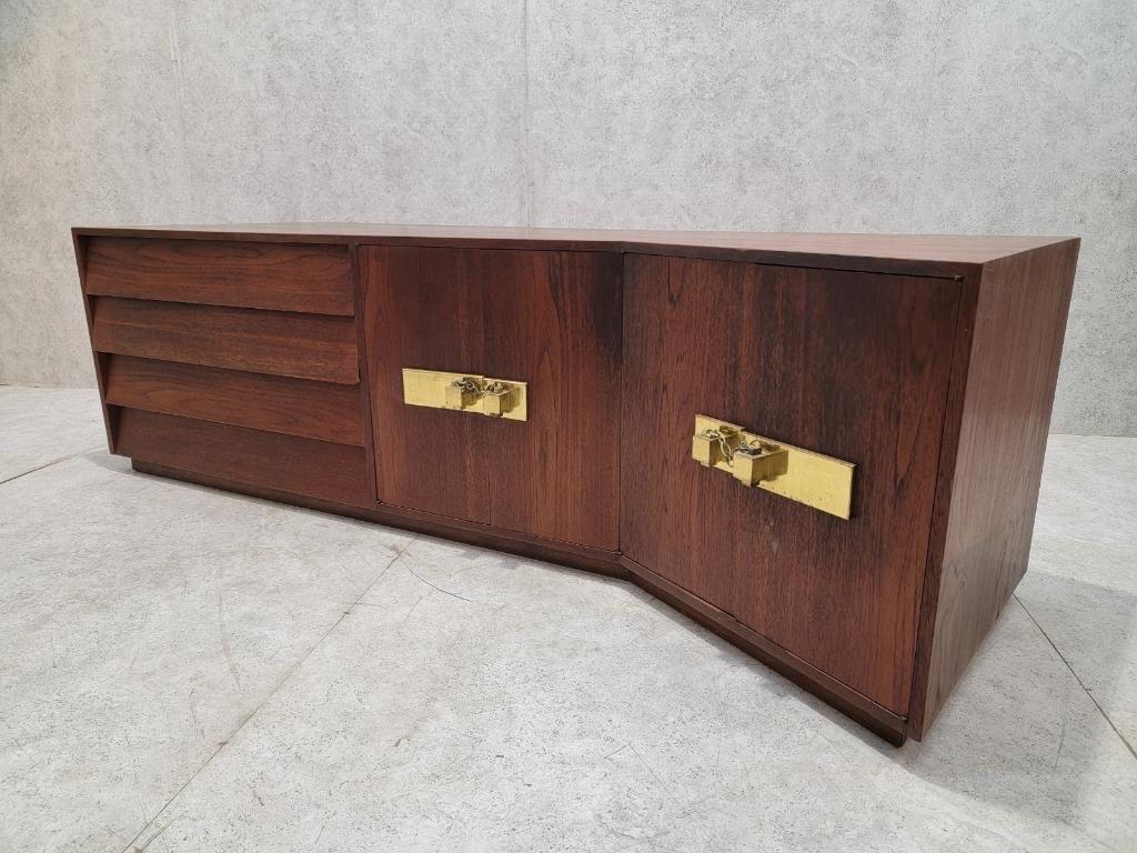 Mid Century Modern Campaign Style Sculptural Walnut Credenza In Good Condition For Sale In Chicago, IL