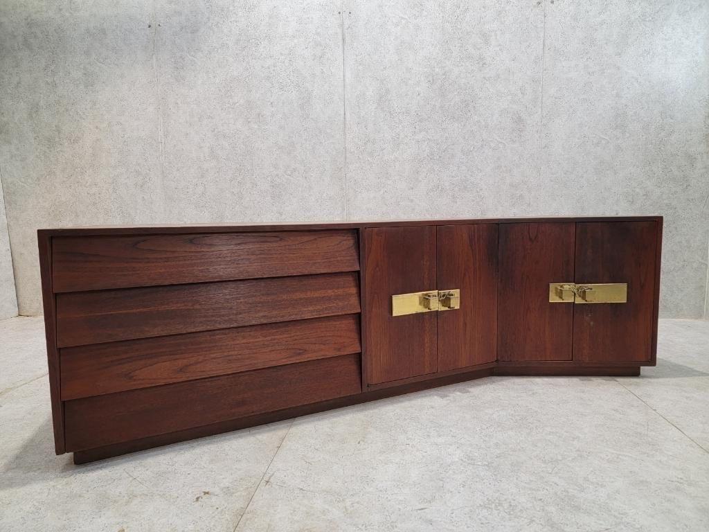20th Century Mid Century Modern Campaign Style Sculptural Walnut Credenza For Sale