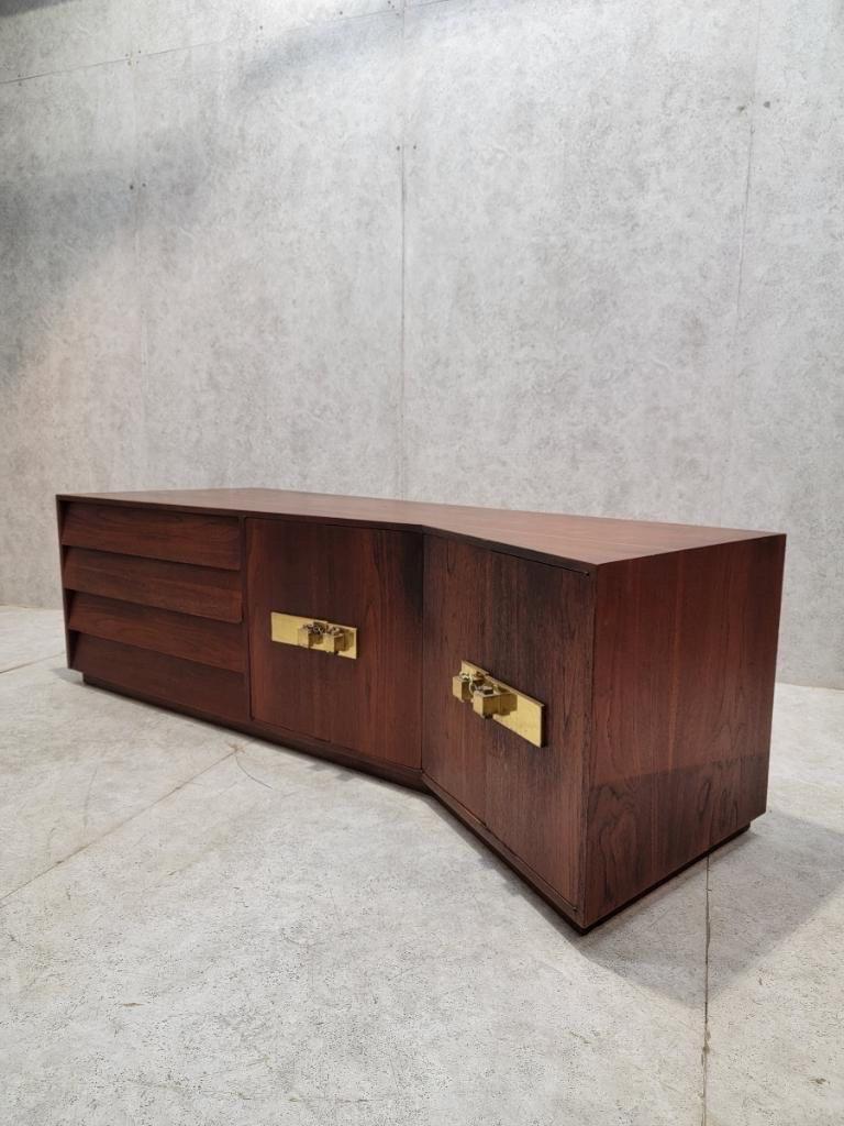 Mid Century Modern Campaign Style Sculptural Walnut Credenza For Sale 1