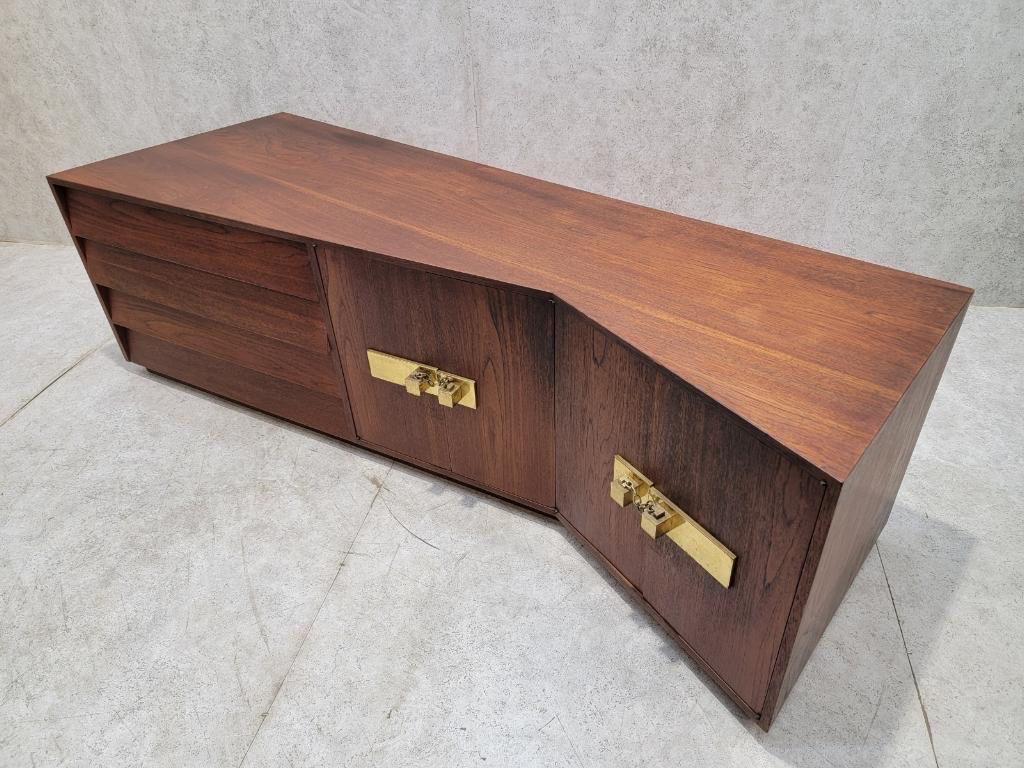 Mid Century Modern Campaign Style Sculptural Walnut Credenza For Sale 2