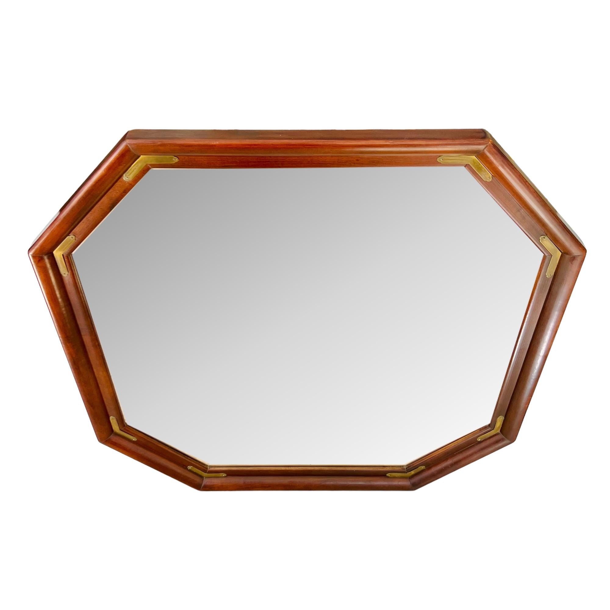 American Mid-Century Modern Campaign Wood Octagonal Mirror