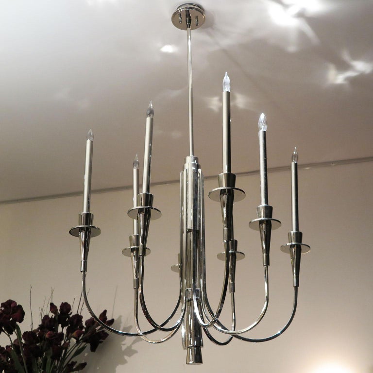 MidCentury Modern Candelabra Chandelier in Polished Nickel For Sale at