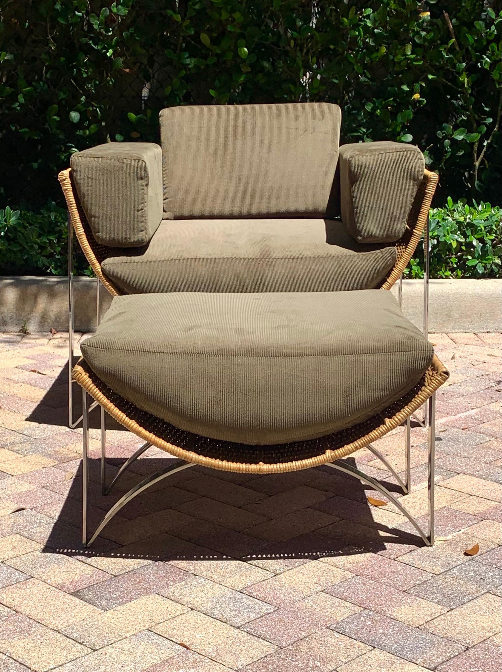 Mid-Century Modern Cane and Chrome Lounge Chair and Ottoman In Good Condition For Sale In Boynton Beach, FL